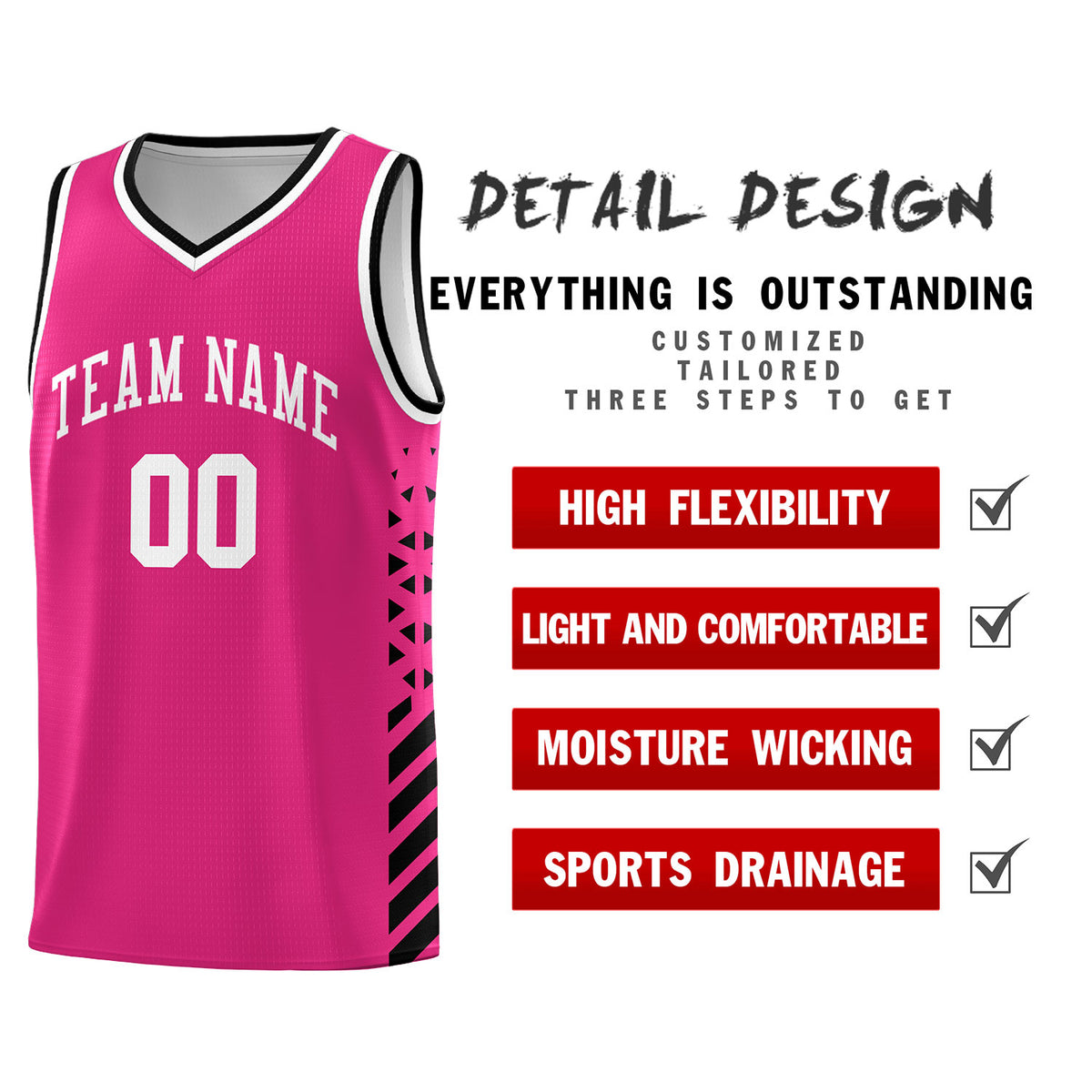 Custom Rose Red Basketball Kits With Side Black Diamond Stripe Pattern
