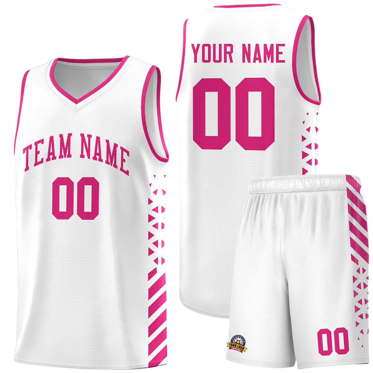 Custom White Basketball Kits With Side Rose Red Diamond Stripe Pattern