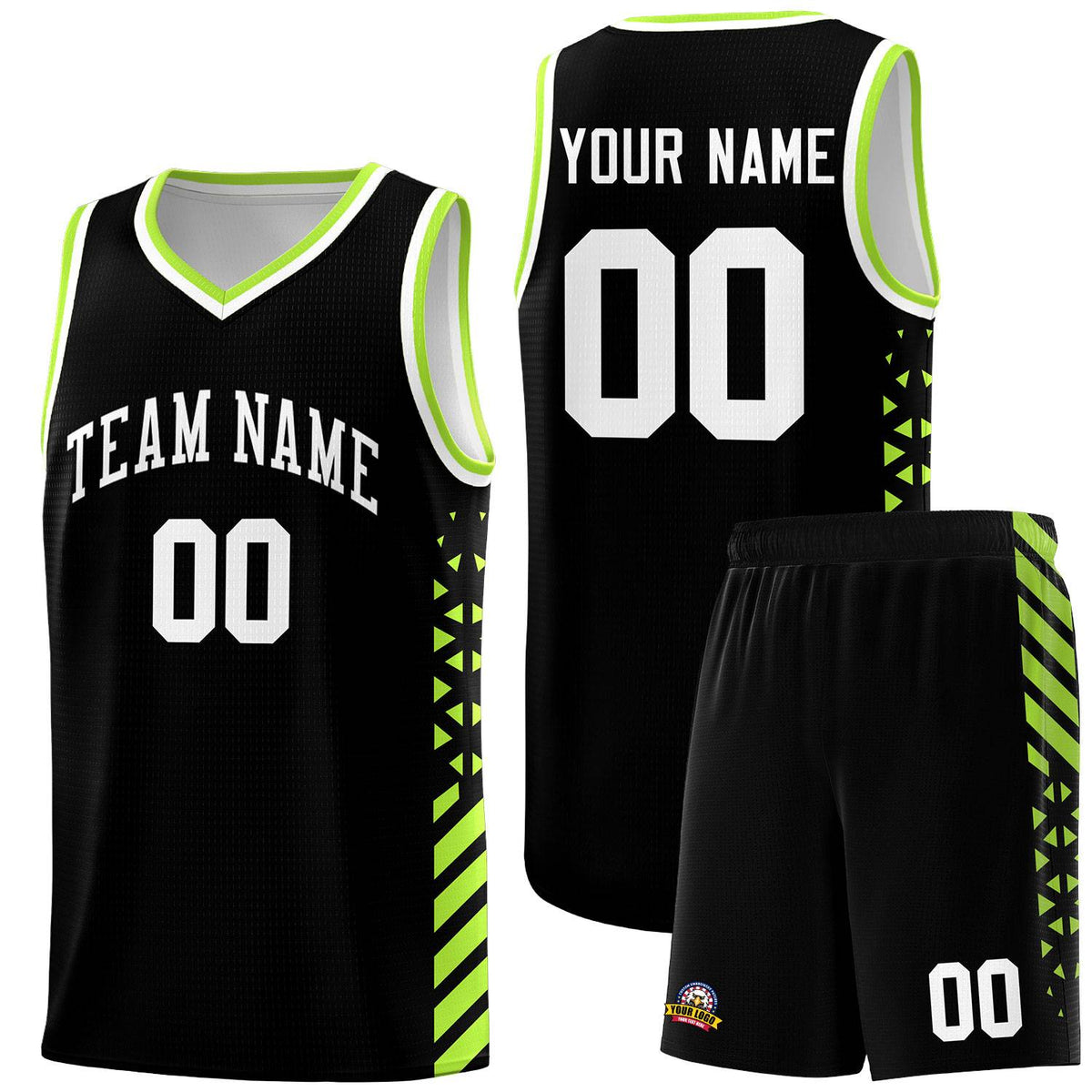 Custom Black Basketball Kits With Side Neon Green Diamond Stripe Pattern