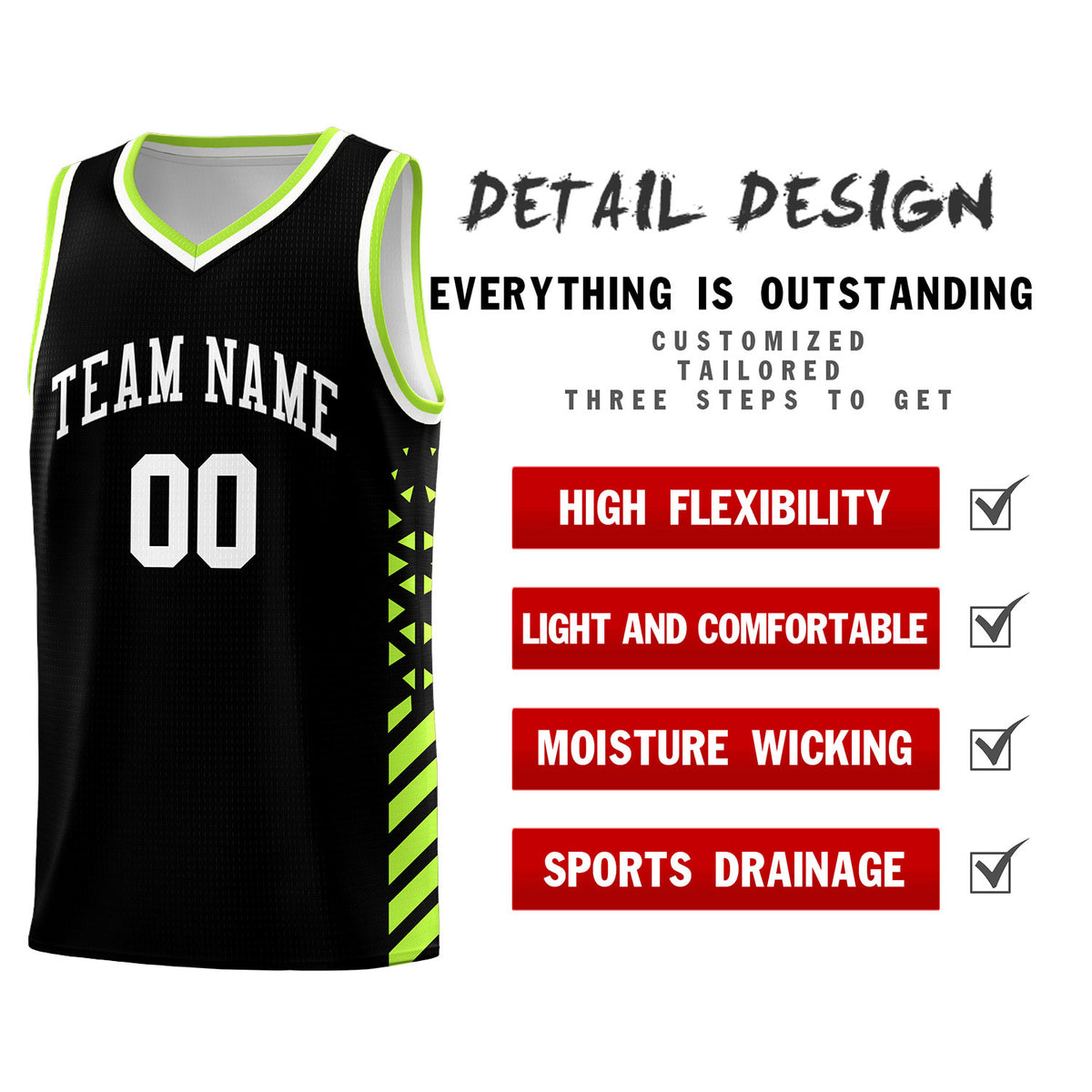 Custom Black Basketball Kits With Side Neon Green Diamond Stripe Pattern