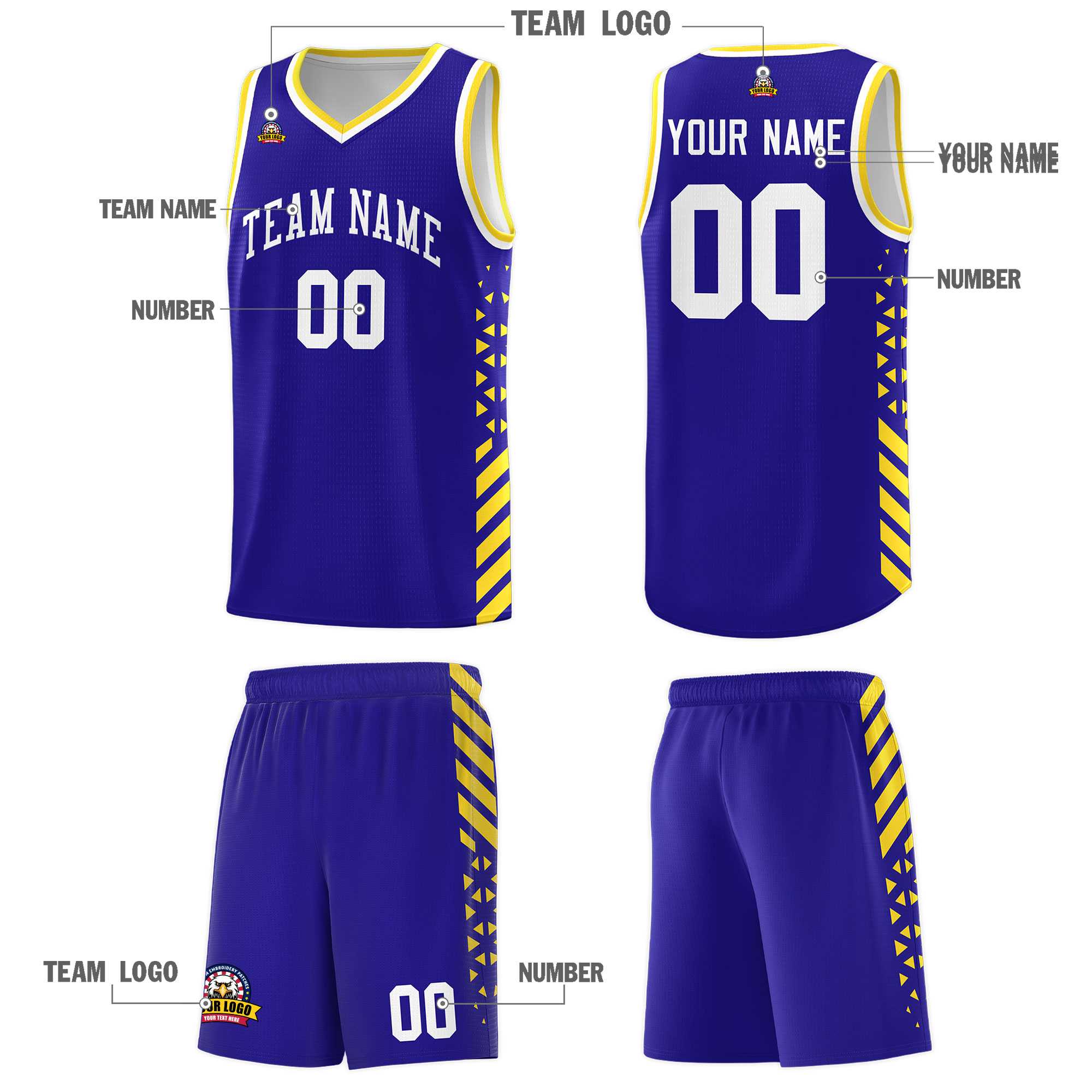 Custom Royal Basketball Kits With Side Gold Diamond Stripe Pattern