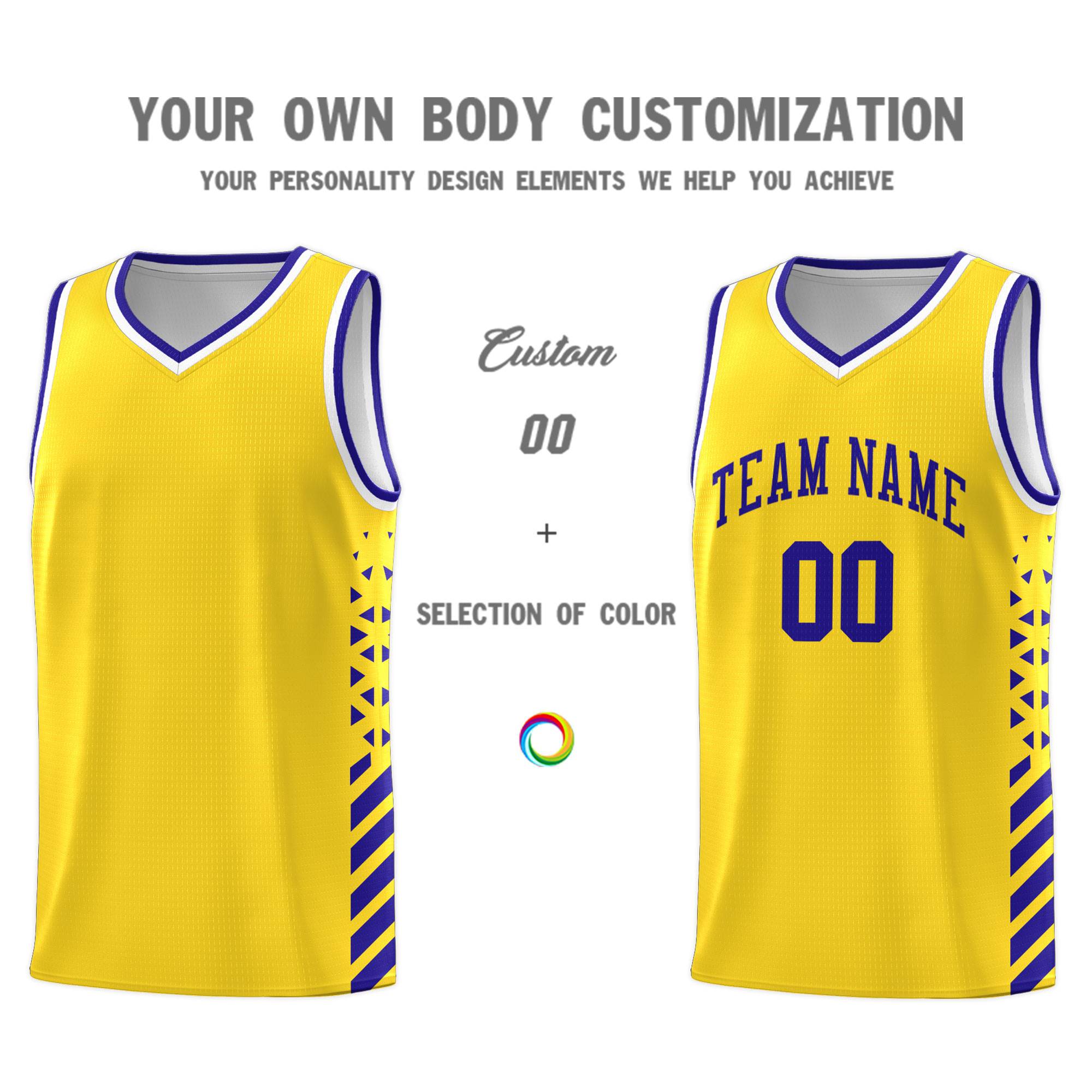 Custom Gold Basketball Kits With Side Royal Diamond Stripe Pattern
