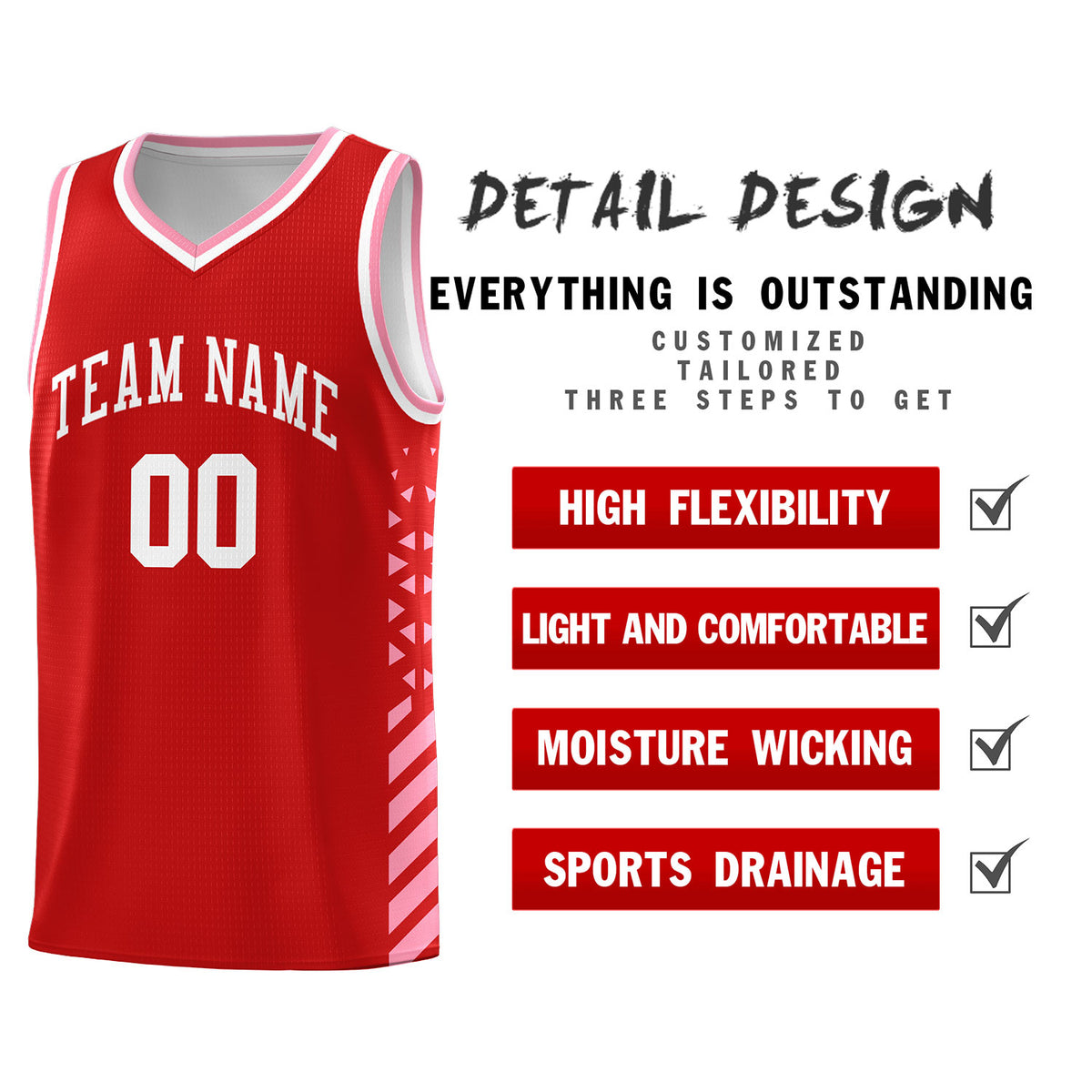 Custom Red Basketball Kits With Side Light Pink Diamond Stripe Pattern