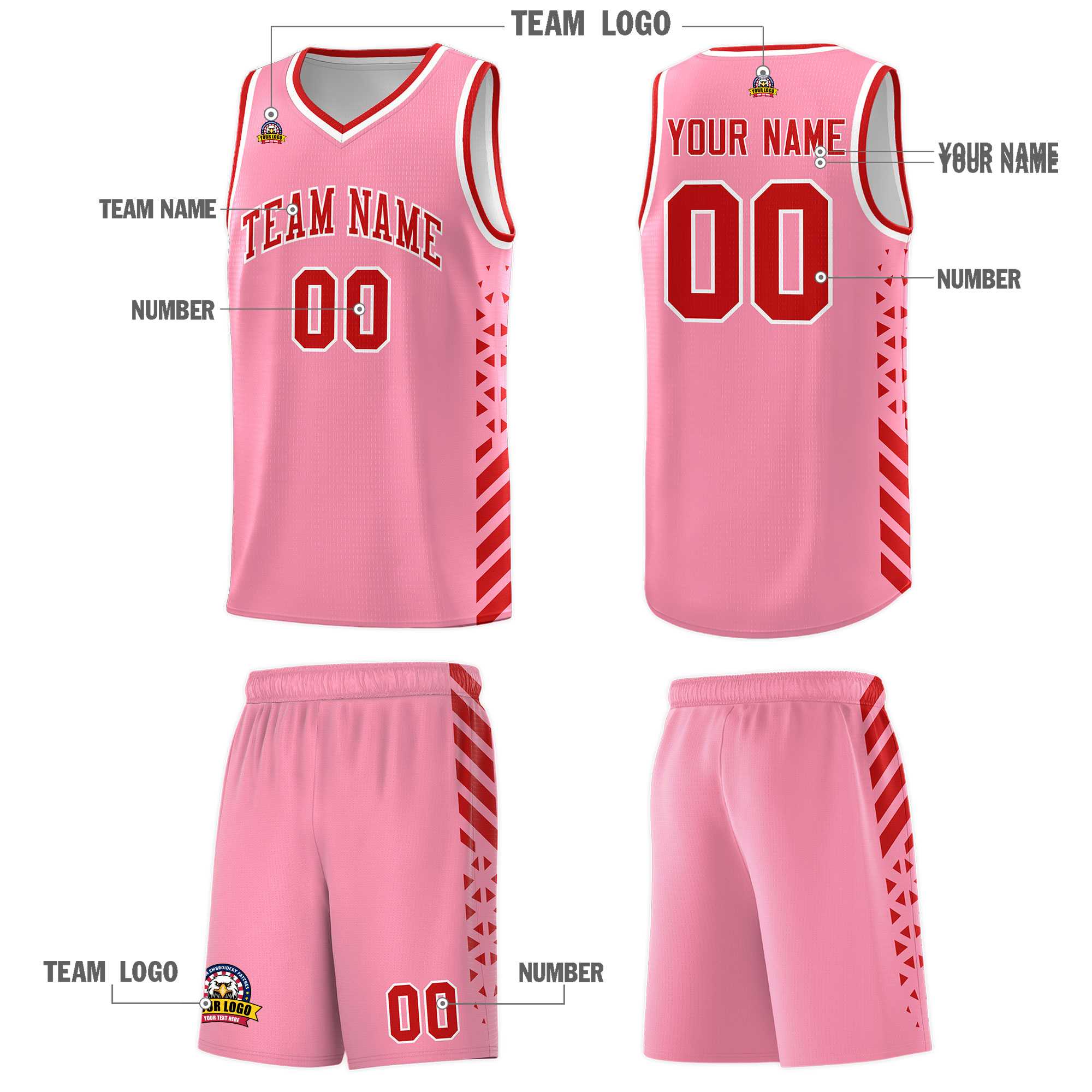 Custom Light Pink Basketball Kits With Side Red Diamond Stripe Pattern