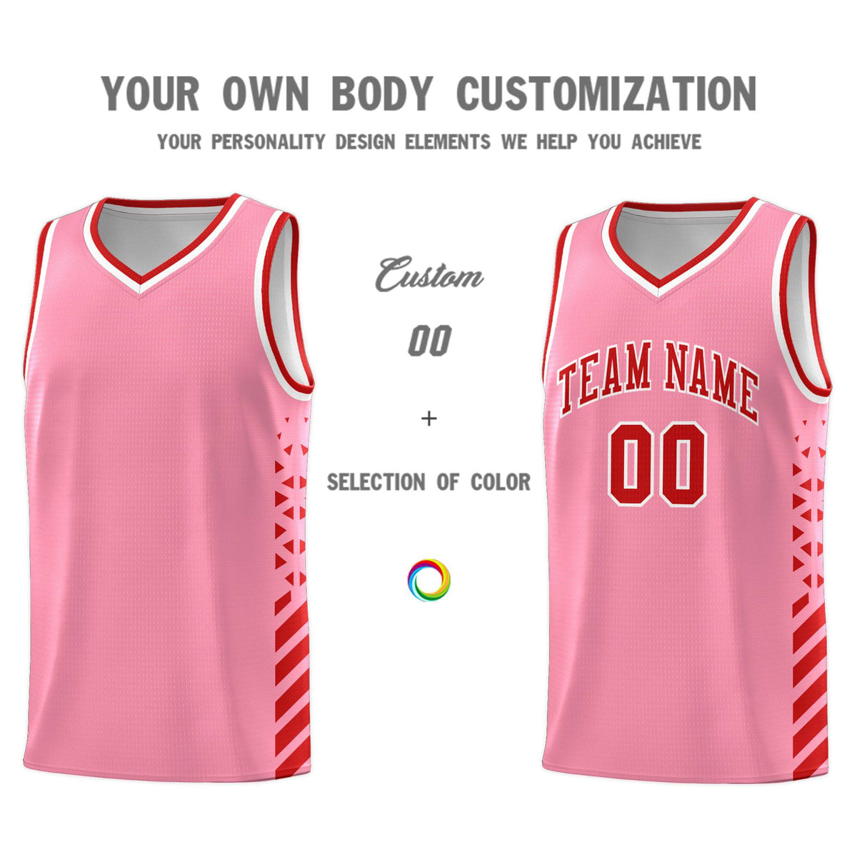 Custom Light Pink Basketball Kits With Side Red Diamond Stripe Pattern