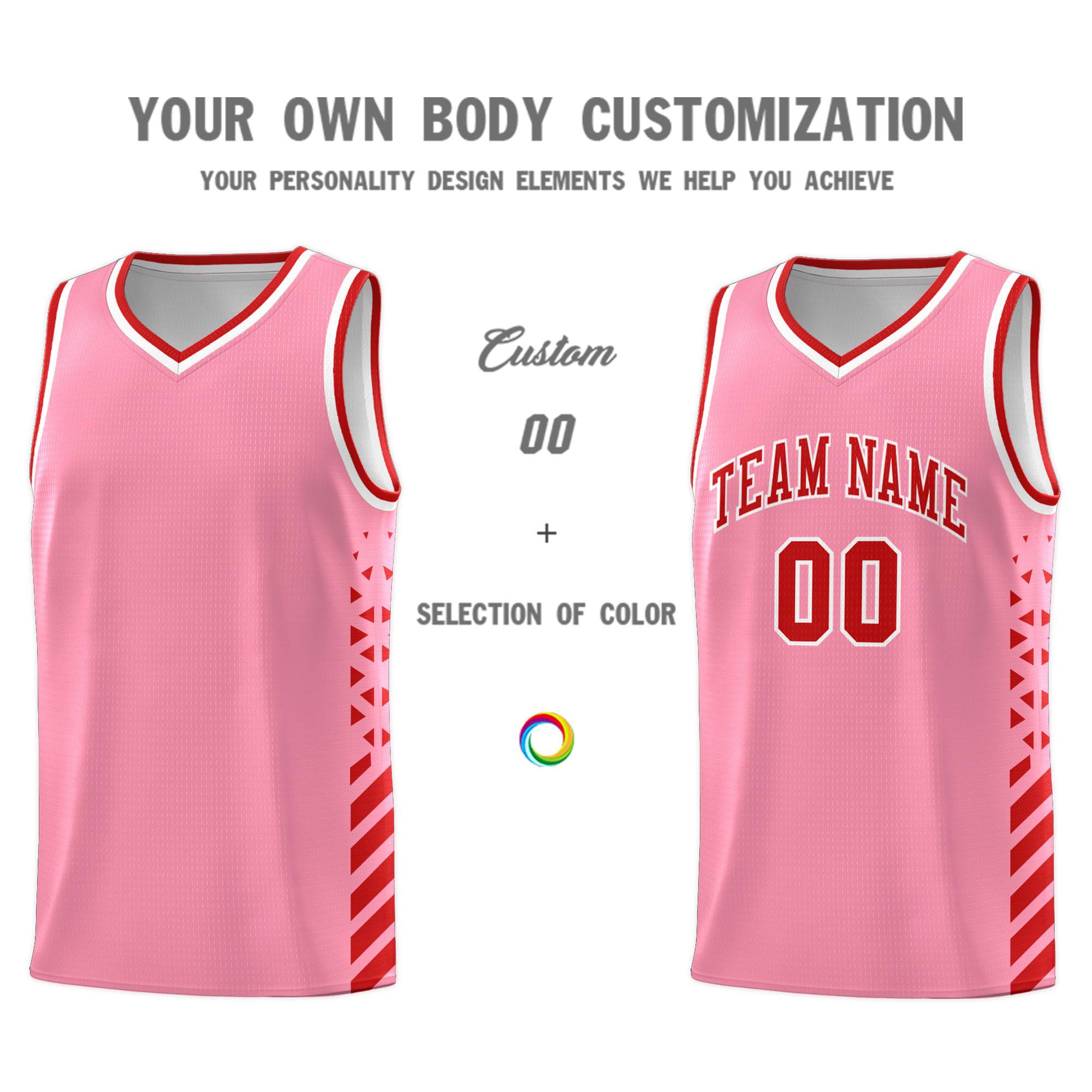 Custom Light Pink Basketball Kits With Side Red Diamond Stripe Pattern