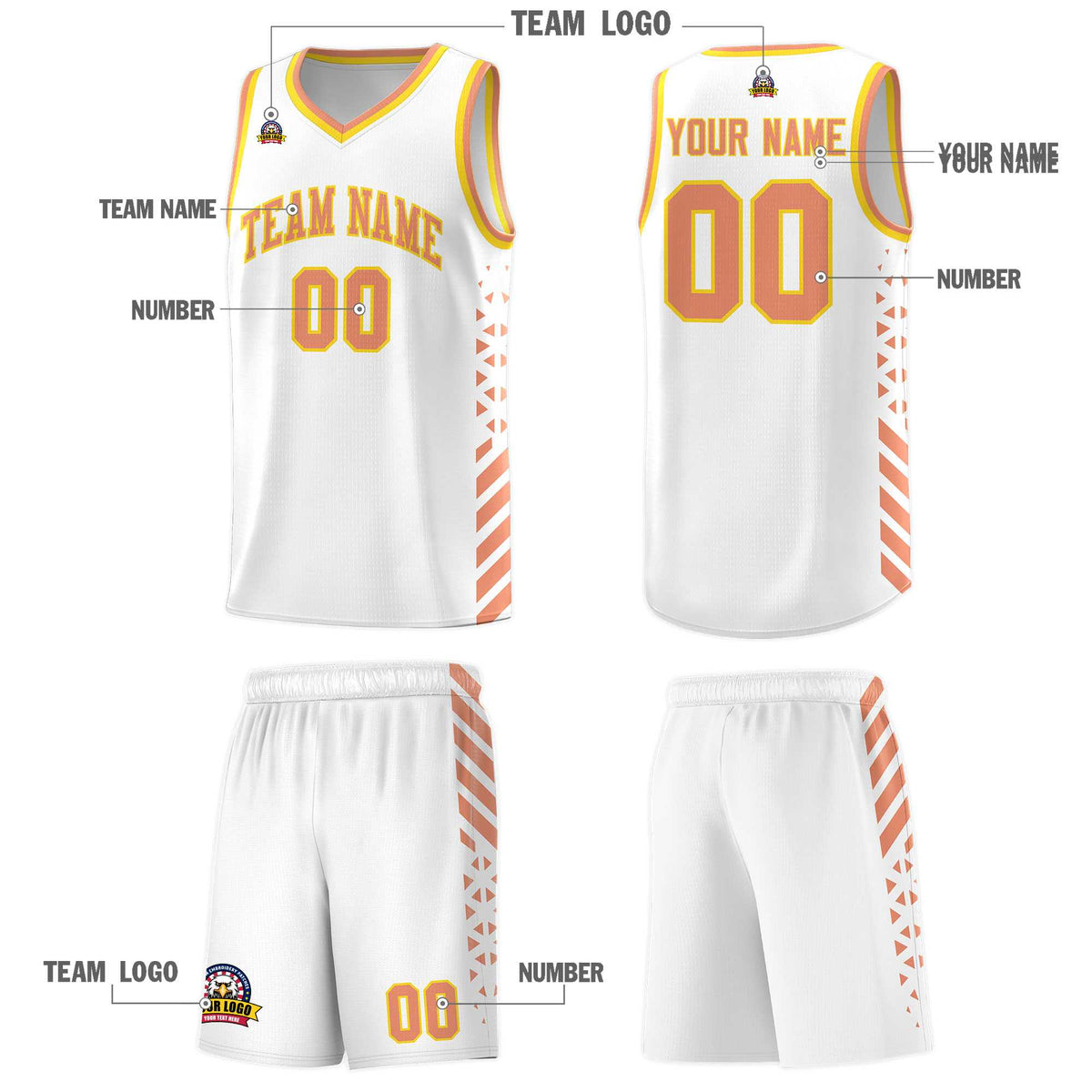 Custom White Basketball Kits With Side Light Orange Diamond Stripe Pattern
