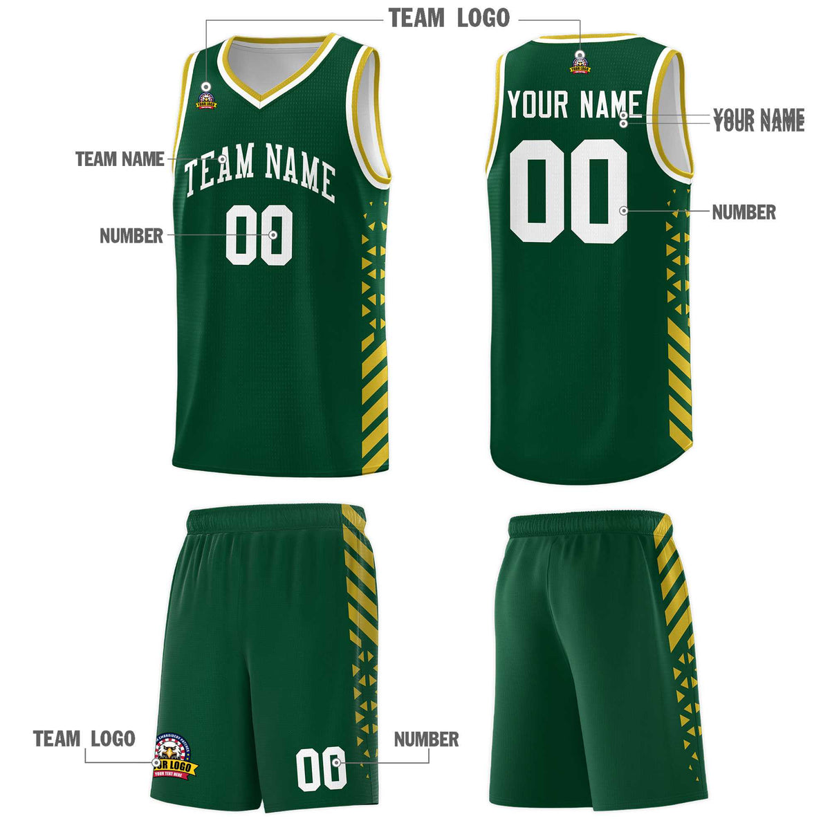 Custom Green Basketball Kits With Side Old Gold Diamond Stripe Pattern