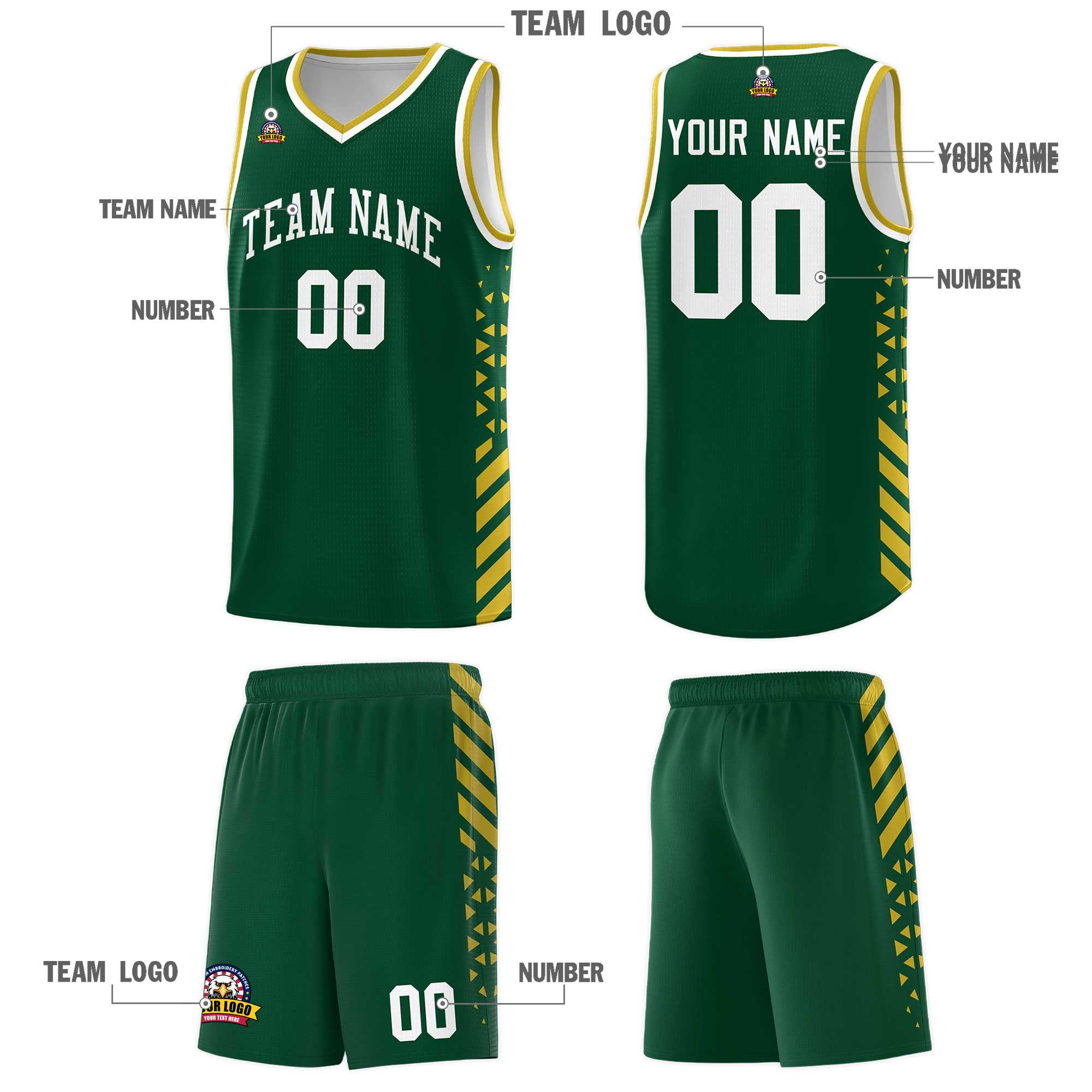 Custom Green Basketball Kits With Side Old Gold Diamond Stripe Pattern