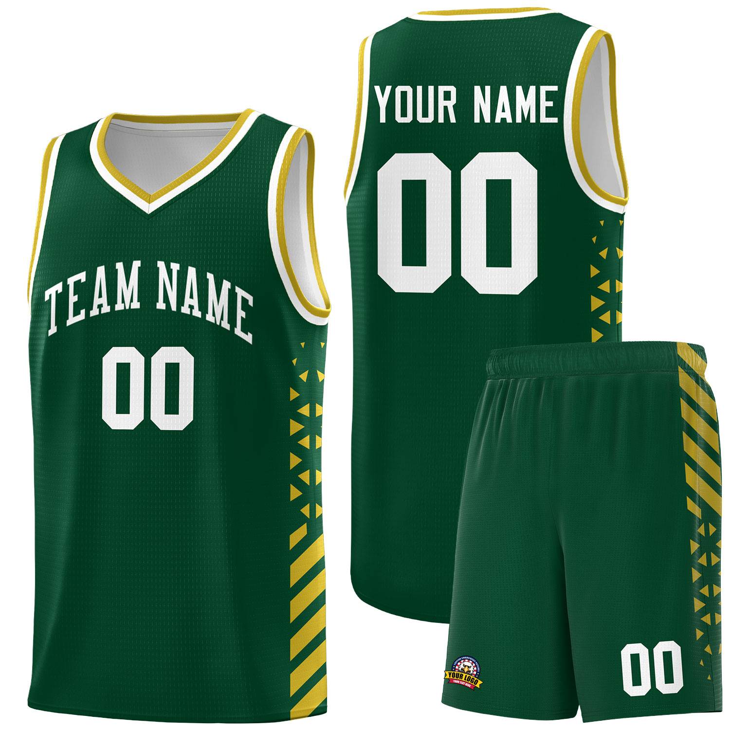 Custom Green Basketball Kits With Side Old Gold Diamond Stripe Pattern