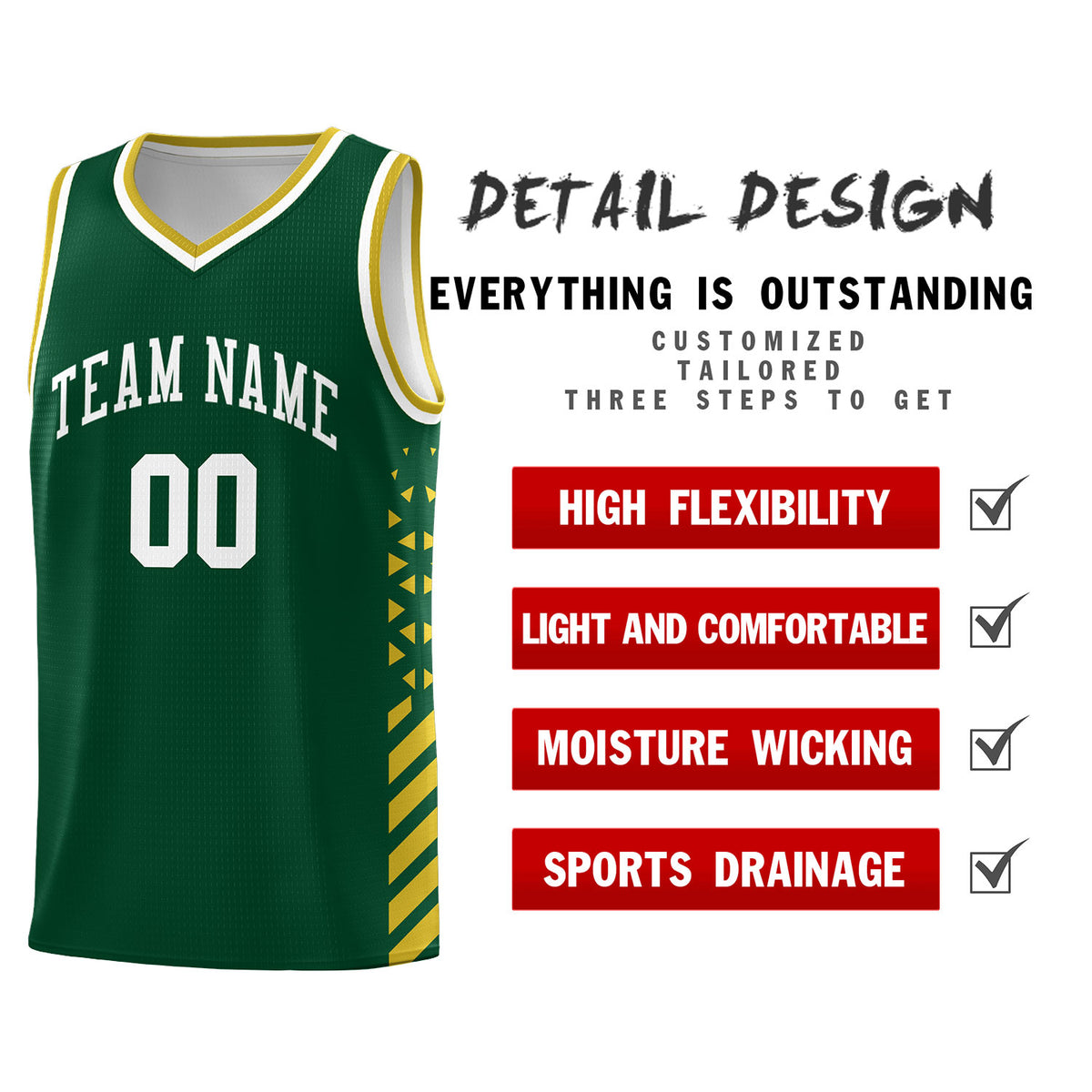 Custom Green Basketball Kits With Side Old Gold Diamond Stripe Pattern
