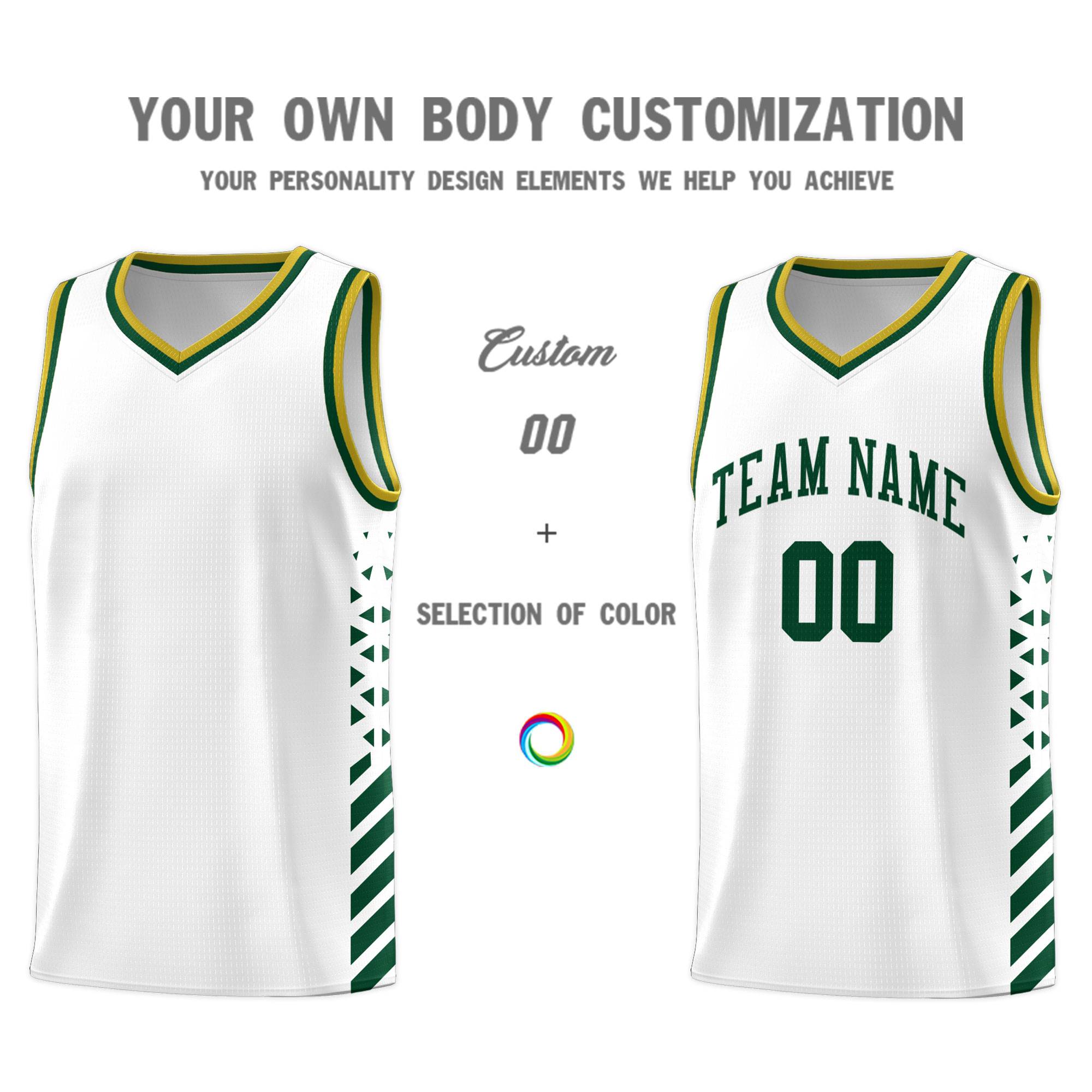 Custom White Basketball Kits With Side Green Diamond Stripe Pattern