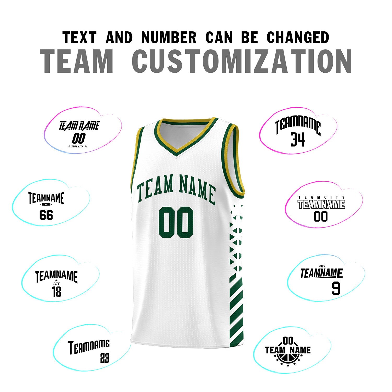 Custom White Basketball Kits With Side Green Diamond Stripe Pattern