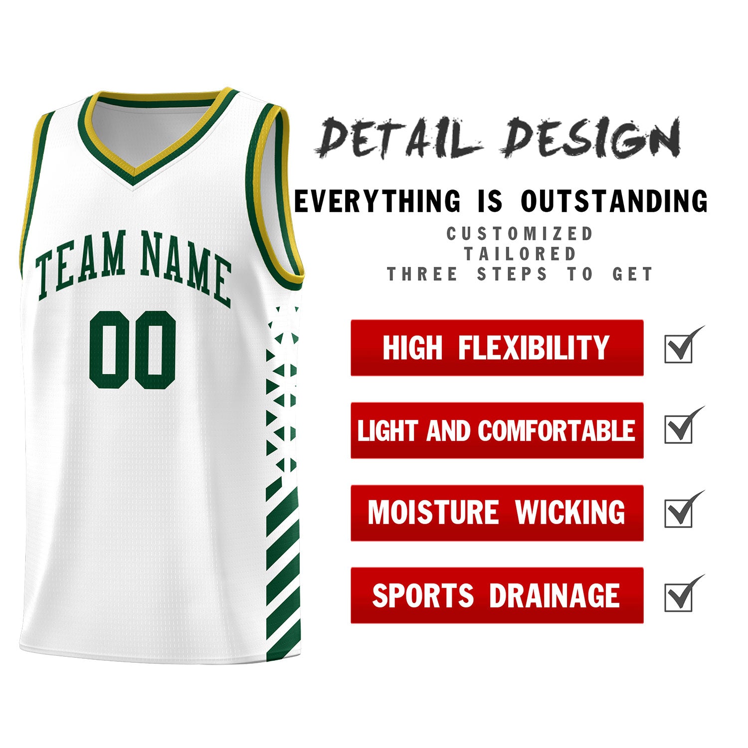 Custom White Basketball Kits With Side Green Diamond Stripe Pattern