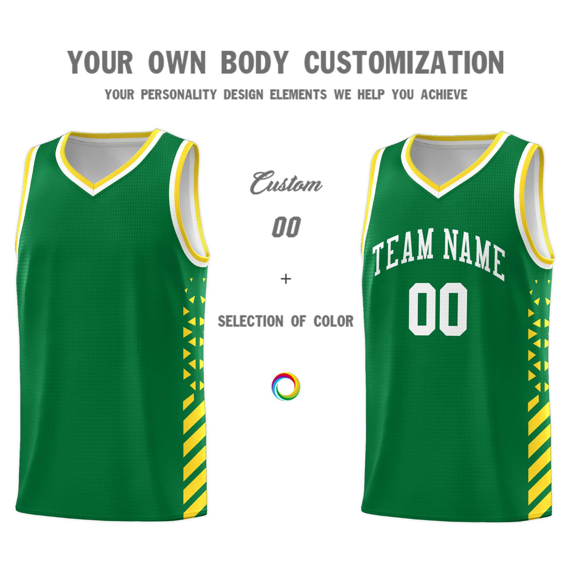 Custom Kelly Green Basketball Kits With Side Gold Diamond Stripe Pattern