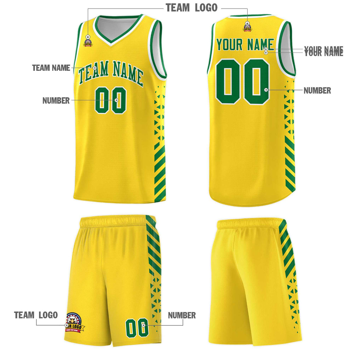 Custom Gold Basketball Kits With Side Kelly Green Diamond Stripe Pattern