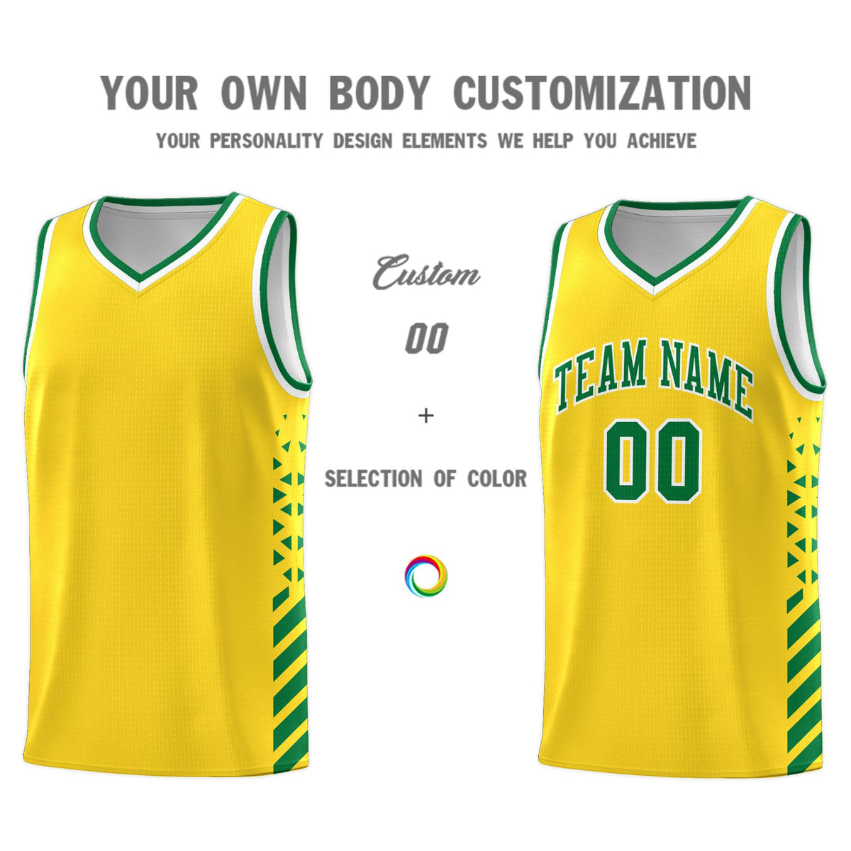 Custom Gold Basketball Kits With Side Kelly Green Diamond Stripe Pattern