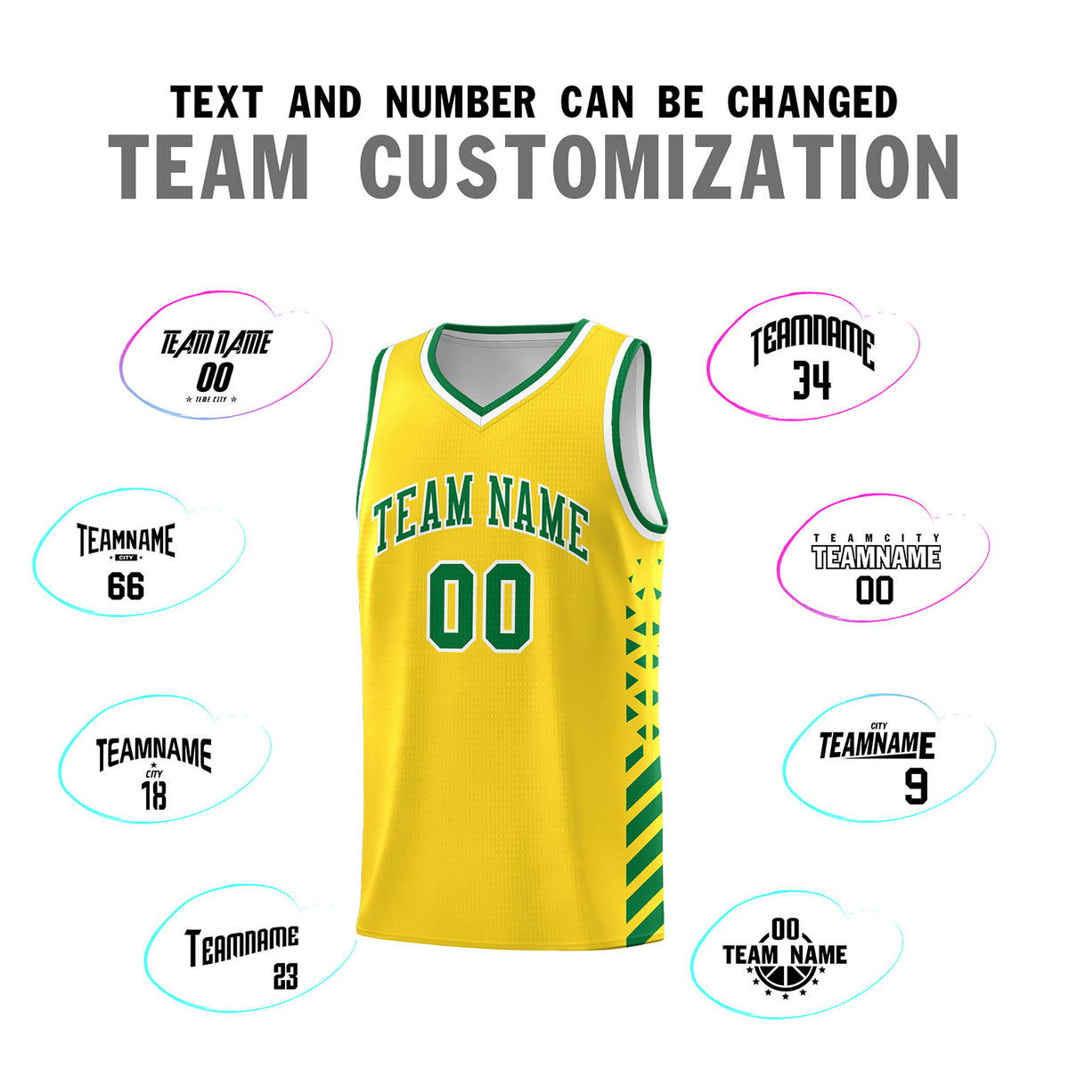 Custom Gold Basketball Kits With Side Kelly Green Diamond Stripe Pattern