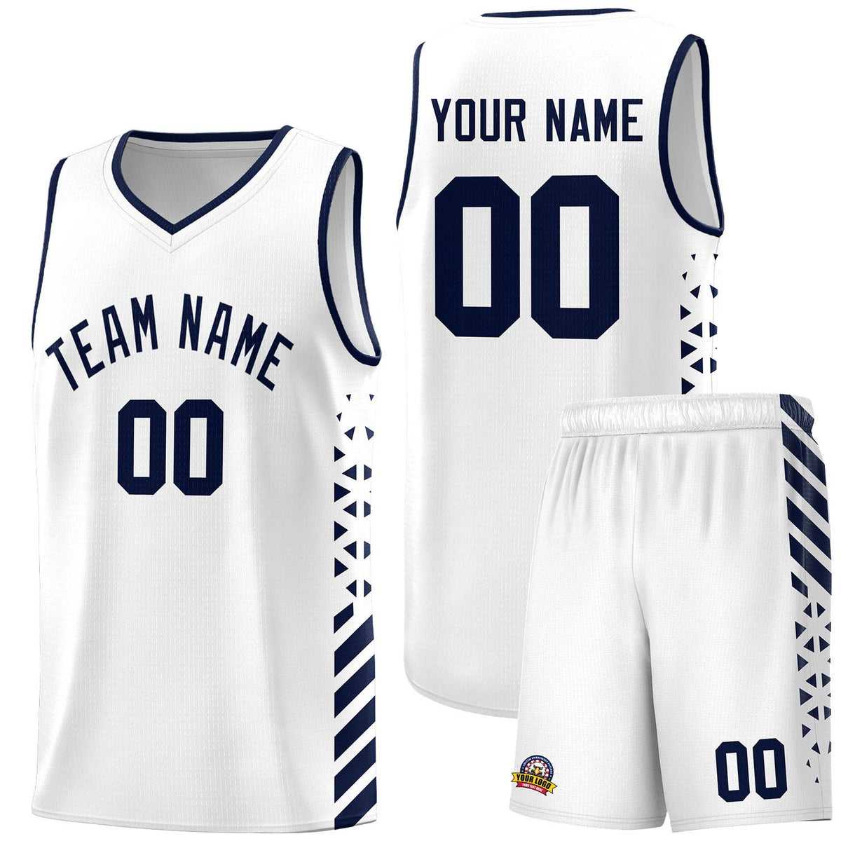 Custom White Basketball Kits With Side Navy Diamond Stripe Pattern