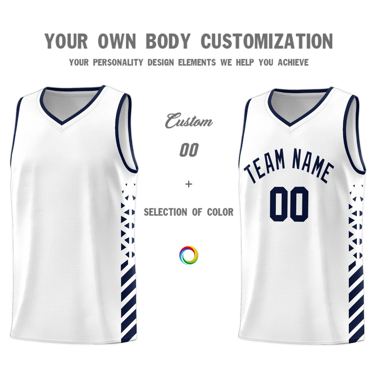 Custom White Basketball Kits With Side Navy Diamond Stripe Pattern
