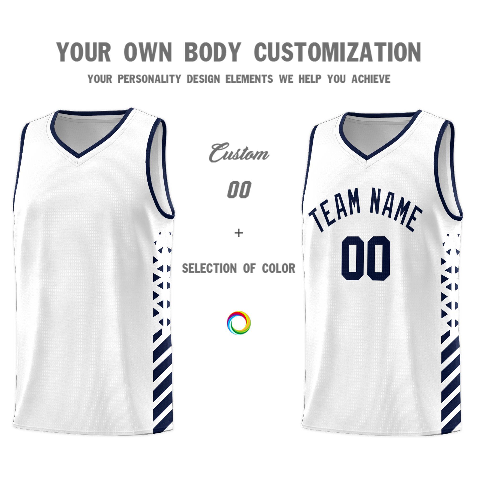 Custom White Basketball Kits With Side Navy Diamond Stripe Pattern