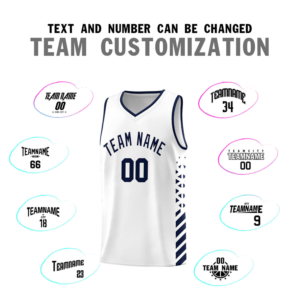 Custom White Basketball Kits With Side Navy Diamond Stripe Pattern