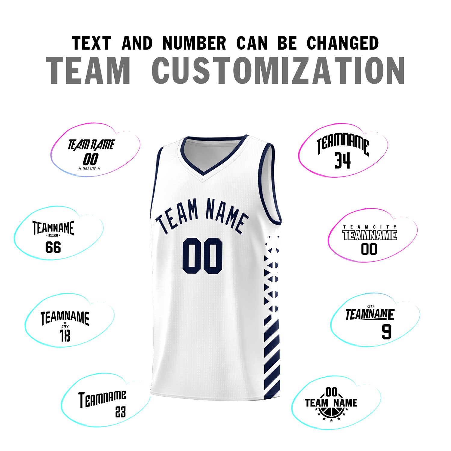 Custom White Basketball Kits With Side Navy Diamond Stripe Pattern
