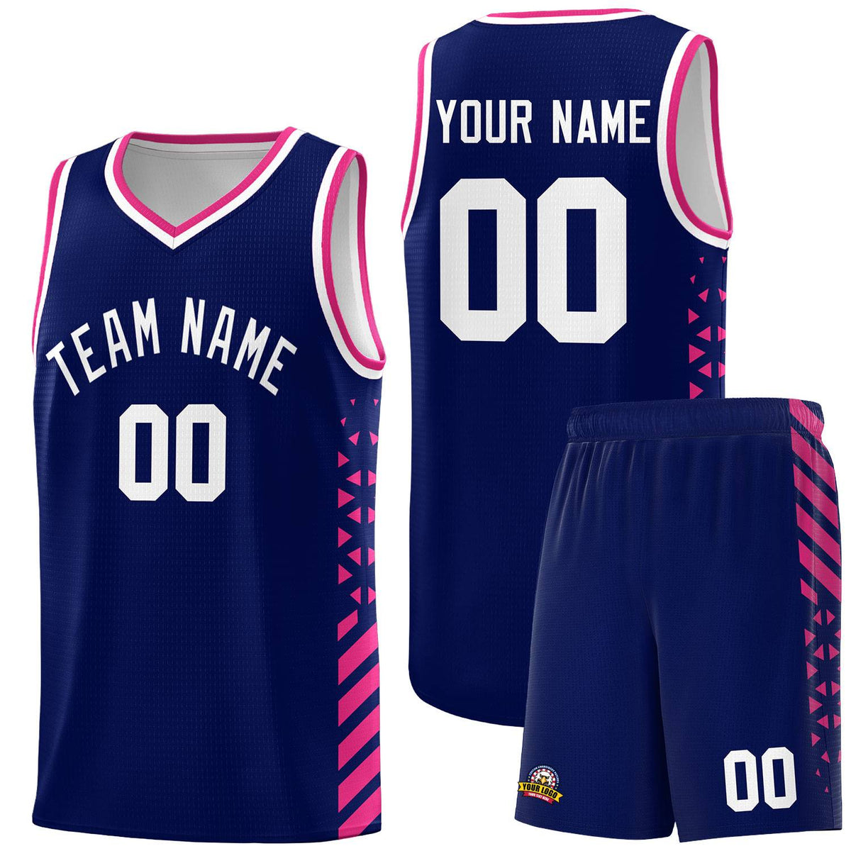 Custom Navy Basketball Kits With Side Rose Red Diamond Stripe Pattern