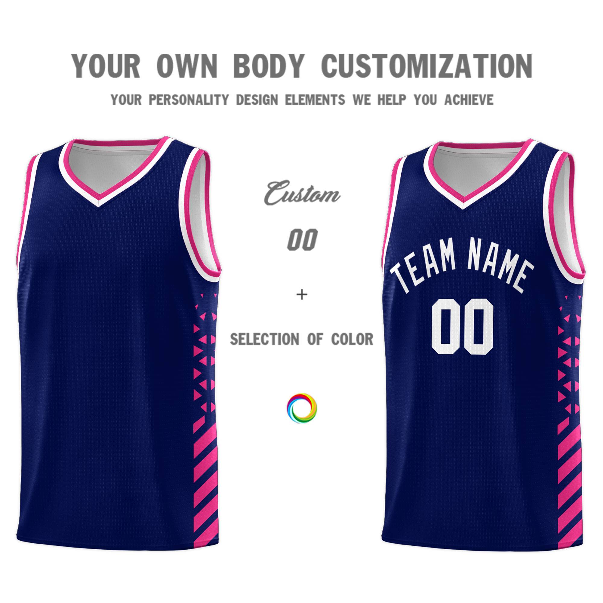 Custom Navy Basketball Kits With Side Rose Red Diamond Stripe Pattern