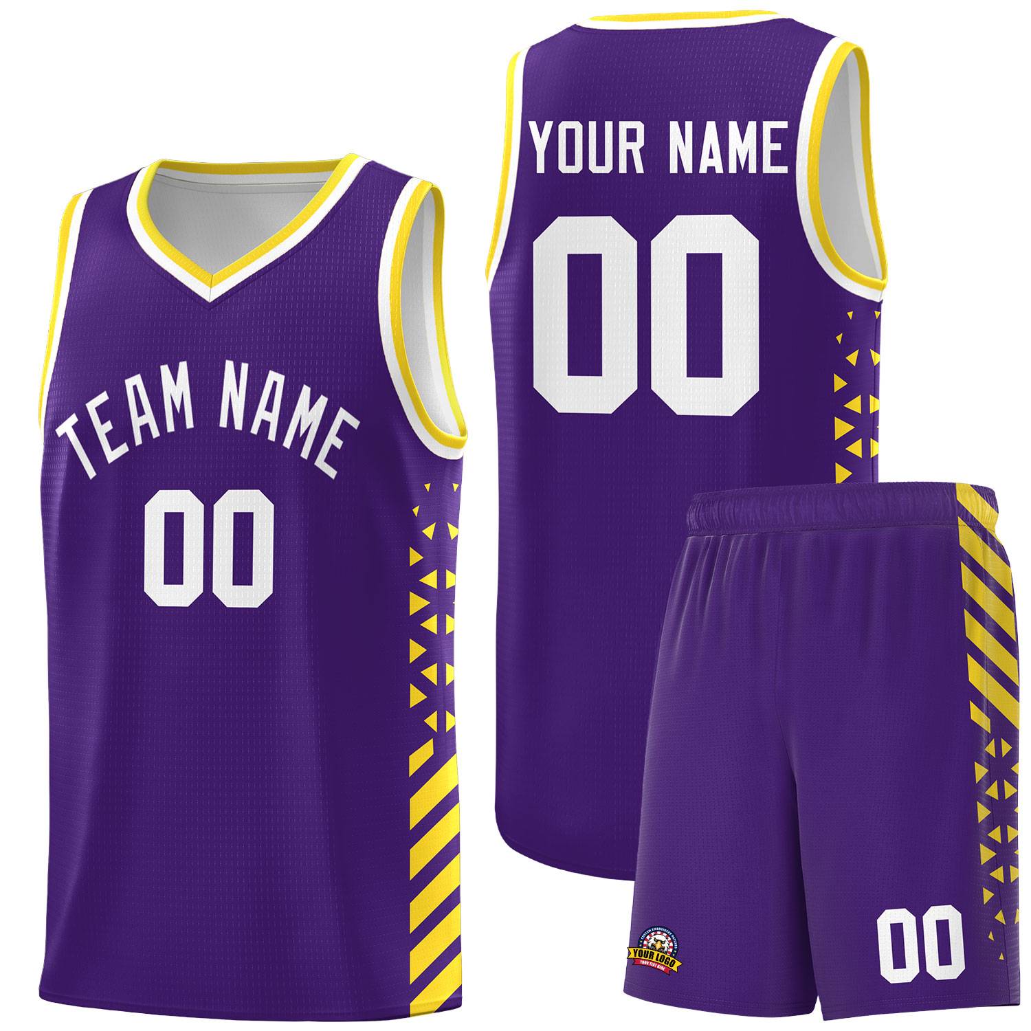 Custom Purple Basketball Kits With Side Gold Diamond Stripe Pattern