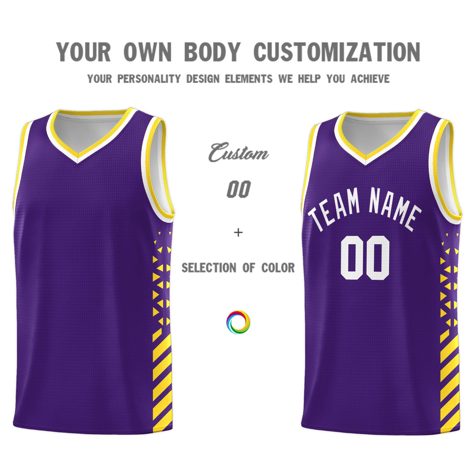 Custom Purple Basketball Kits With Side Gold Diamond Stripe Pattern
