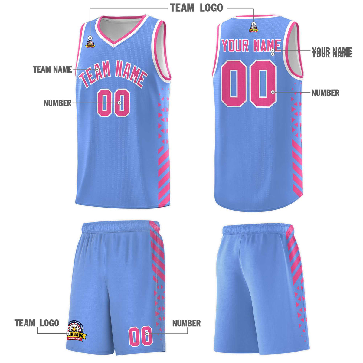 Custom Light Blue Basketball Kits With Side Pink Diamond Stripe Pattern
