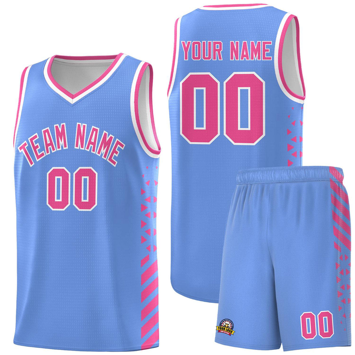 Custom Light Blue Basketball Kits With Side Pink Diamond Stripe Pattern
