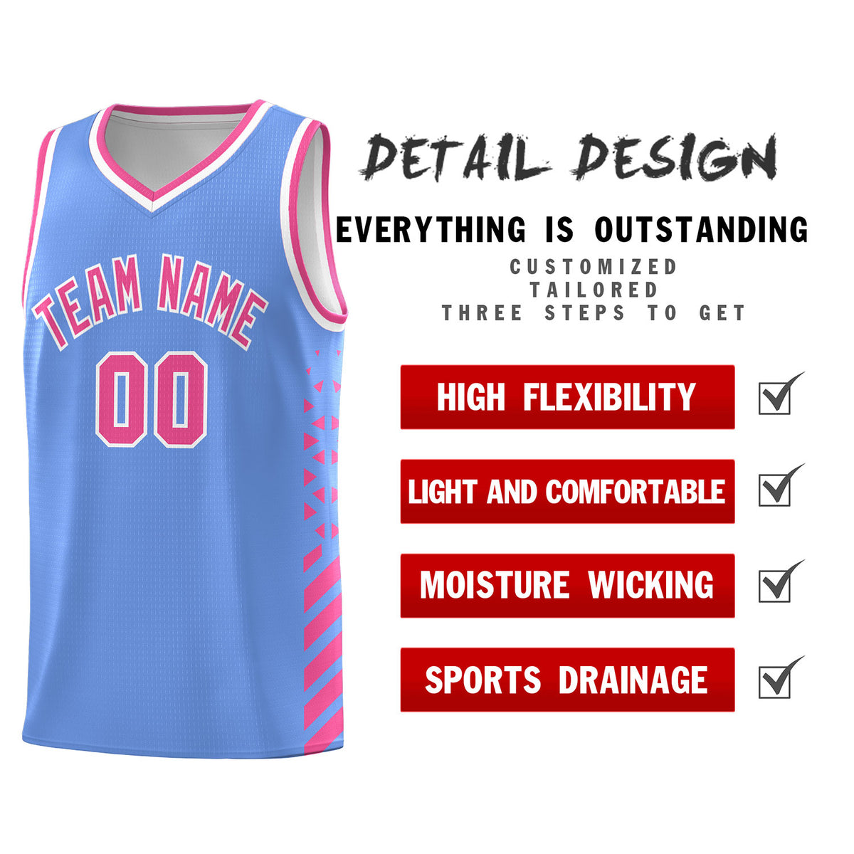 Custom Light Blue Basketball Kits With Side Pink Diamond Stripe Pattern
