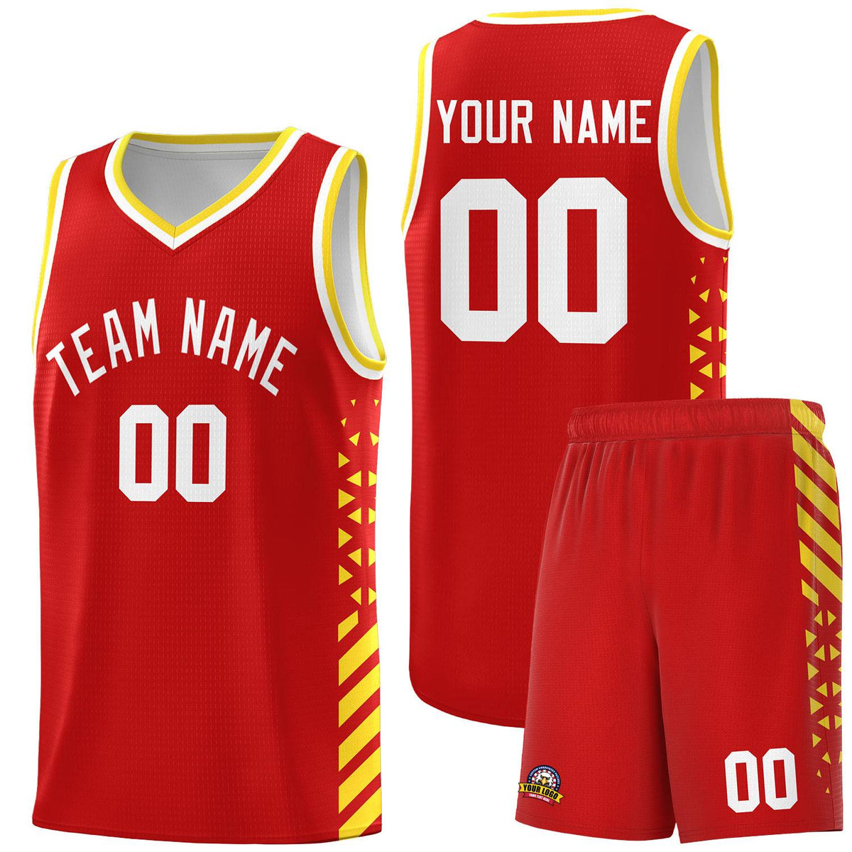Custom Red Basketball Kits With Side Gold Diamond Stripe Pattern