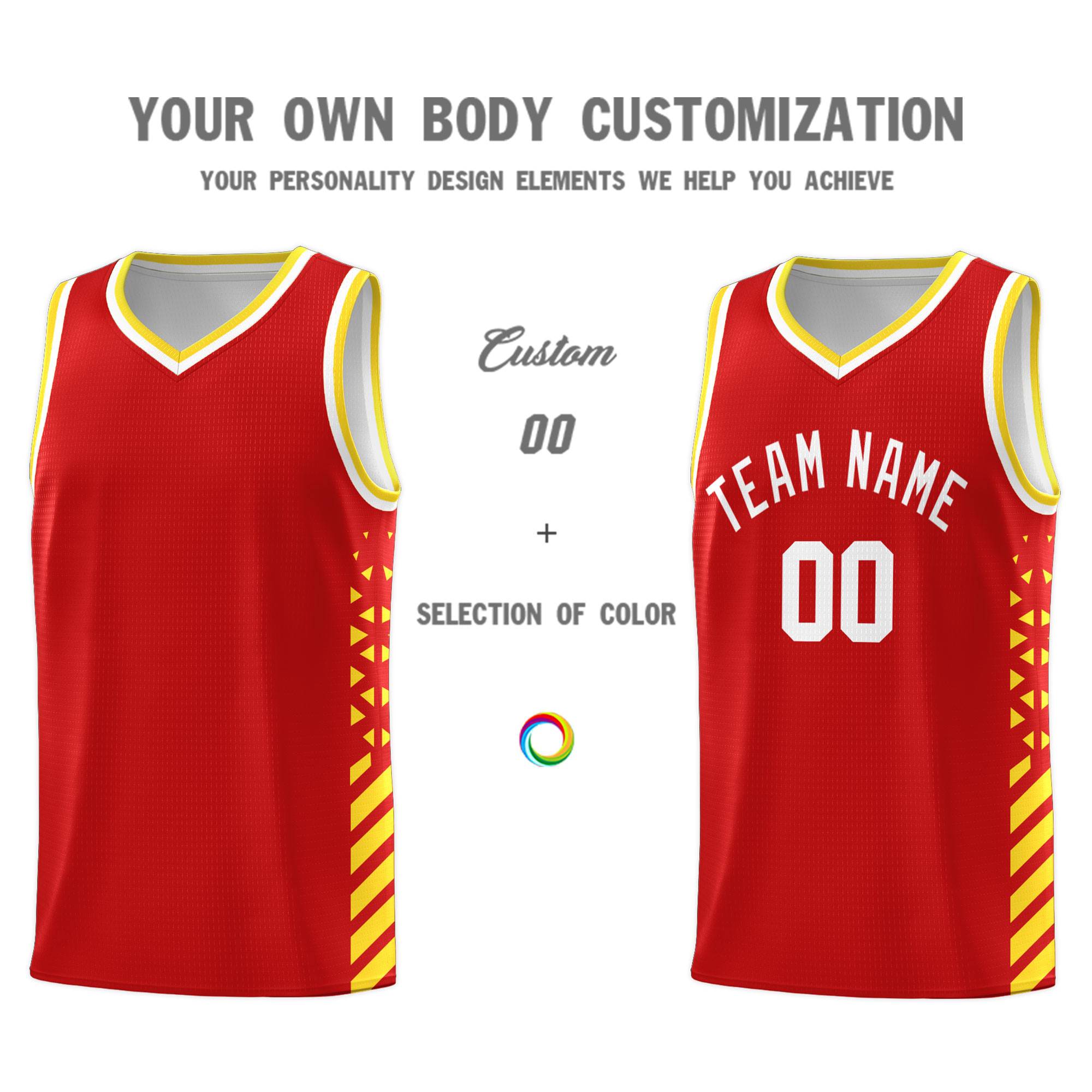 Custom Red Basketball Kits With Side Gold Diamond Stripe Pattern