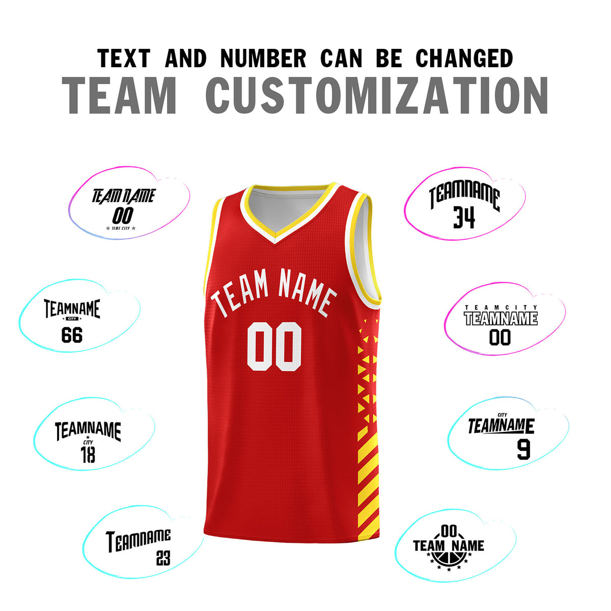 Custom Red Basketball Kits With Side Gold Diamond Stripe Pattern
