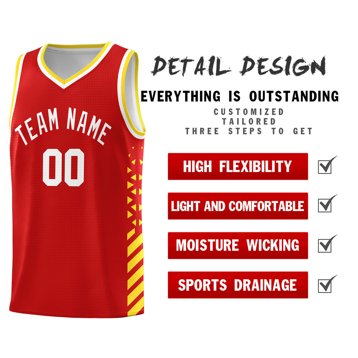 Custom Red Basketball Kits With Side Gold Diamond Stripe Pattern