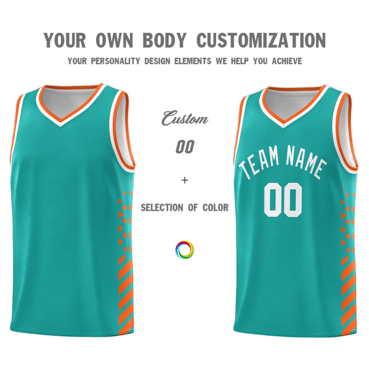 Custom Aqua Basketball Kits With Side Orange Diamond Stripe Pattern
