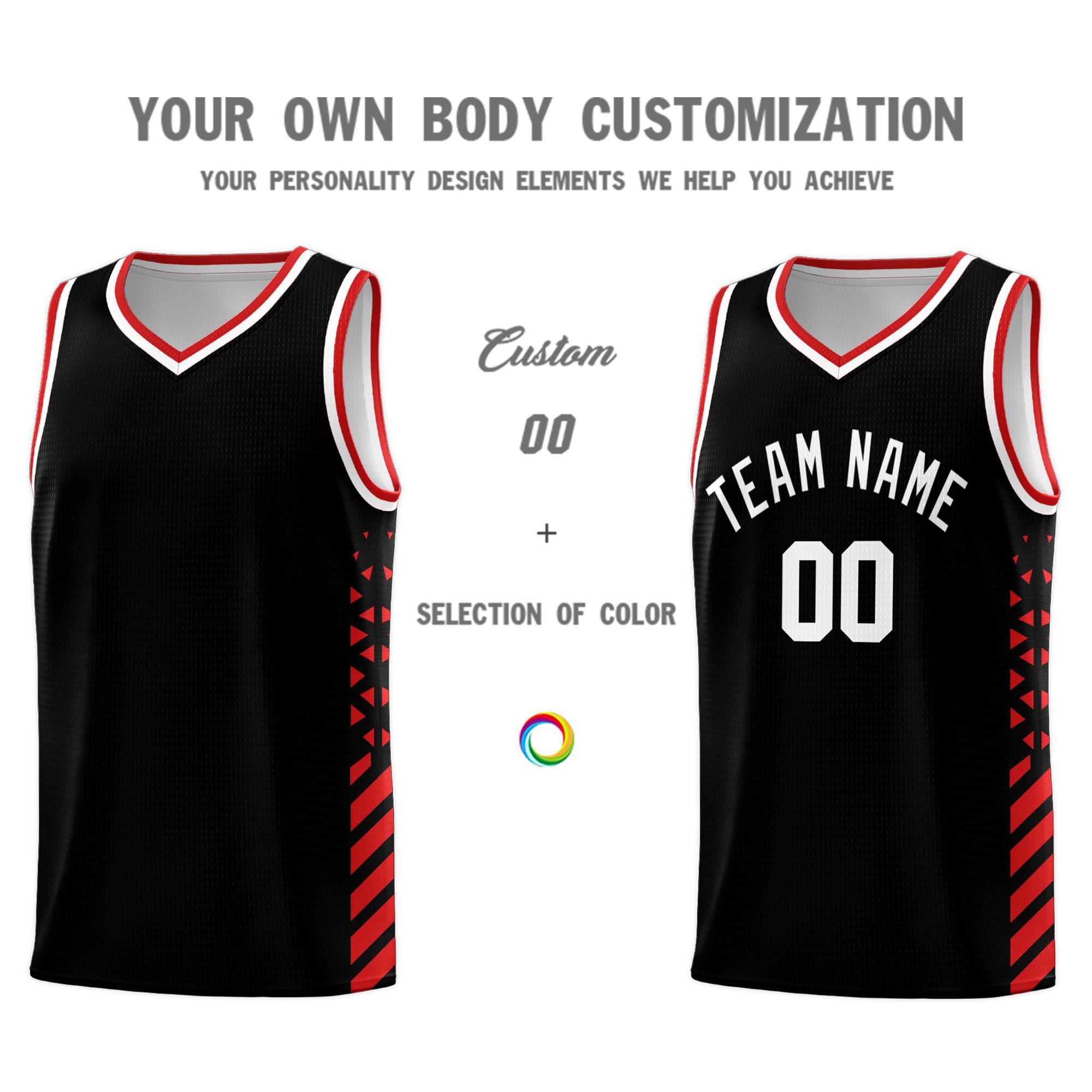 Custom Black Basketball Kits With Side Red Diamond Stripe Pattern
