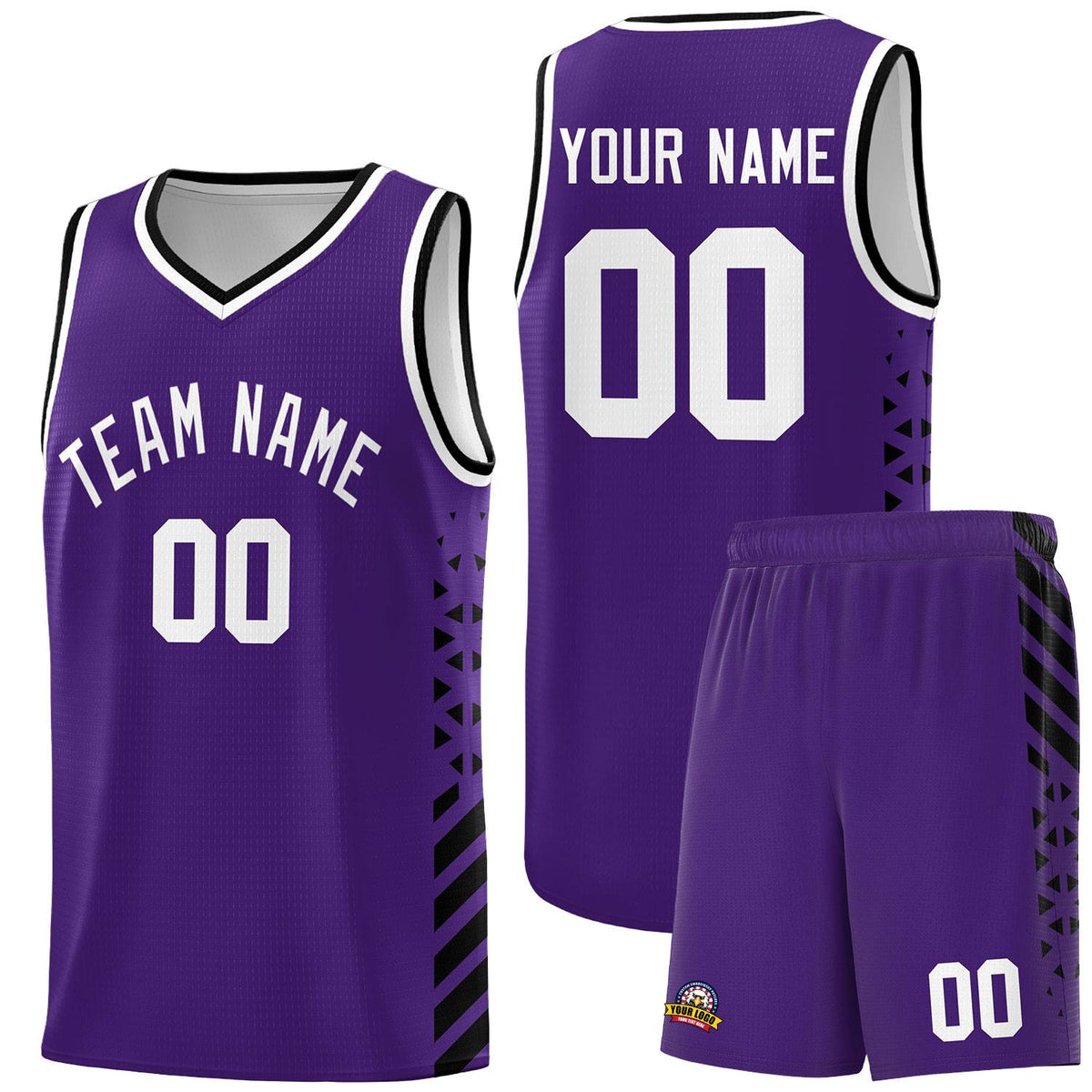 Custom Purple Basketball Kits With Side Black Diamond Stripe Pattern
