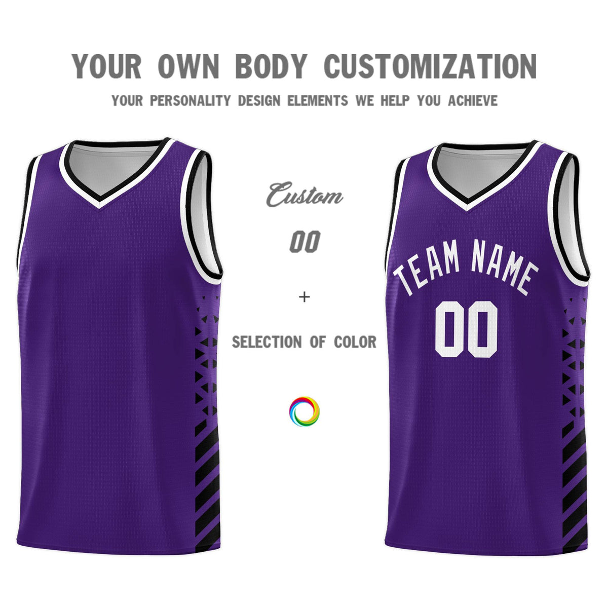 Custom Purple Basketball Kits With Side Black Diamond Stripe Pattern