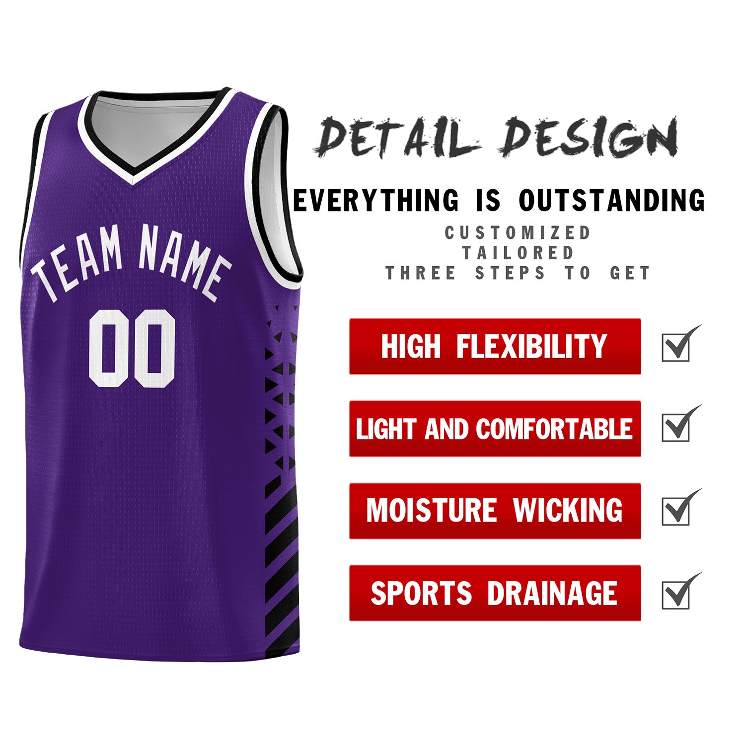 Custom Purple Basketball Kits With Side Black Diamond Stripe Pattern