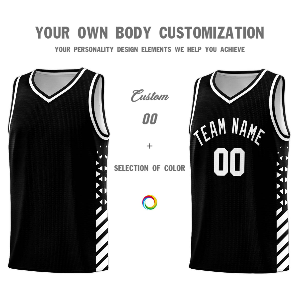 Custom Black Basketball Kits With Side White Diamond Stripe Pattern