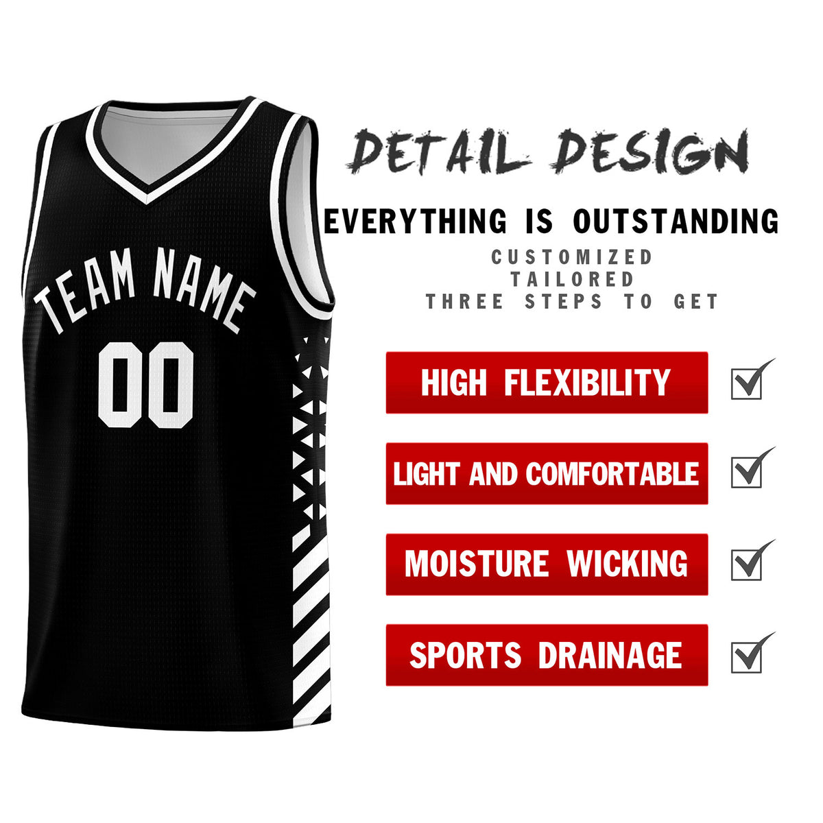 Custom Black Basketball Kits With Side White Diamond Stripe Pattern