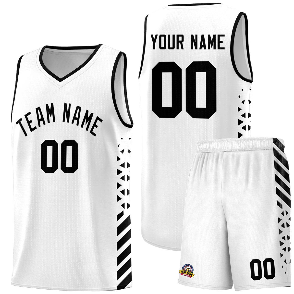 Custom White Basketball Kits With Side Black Diamond Stripe Pattern