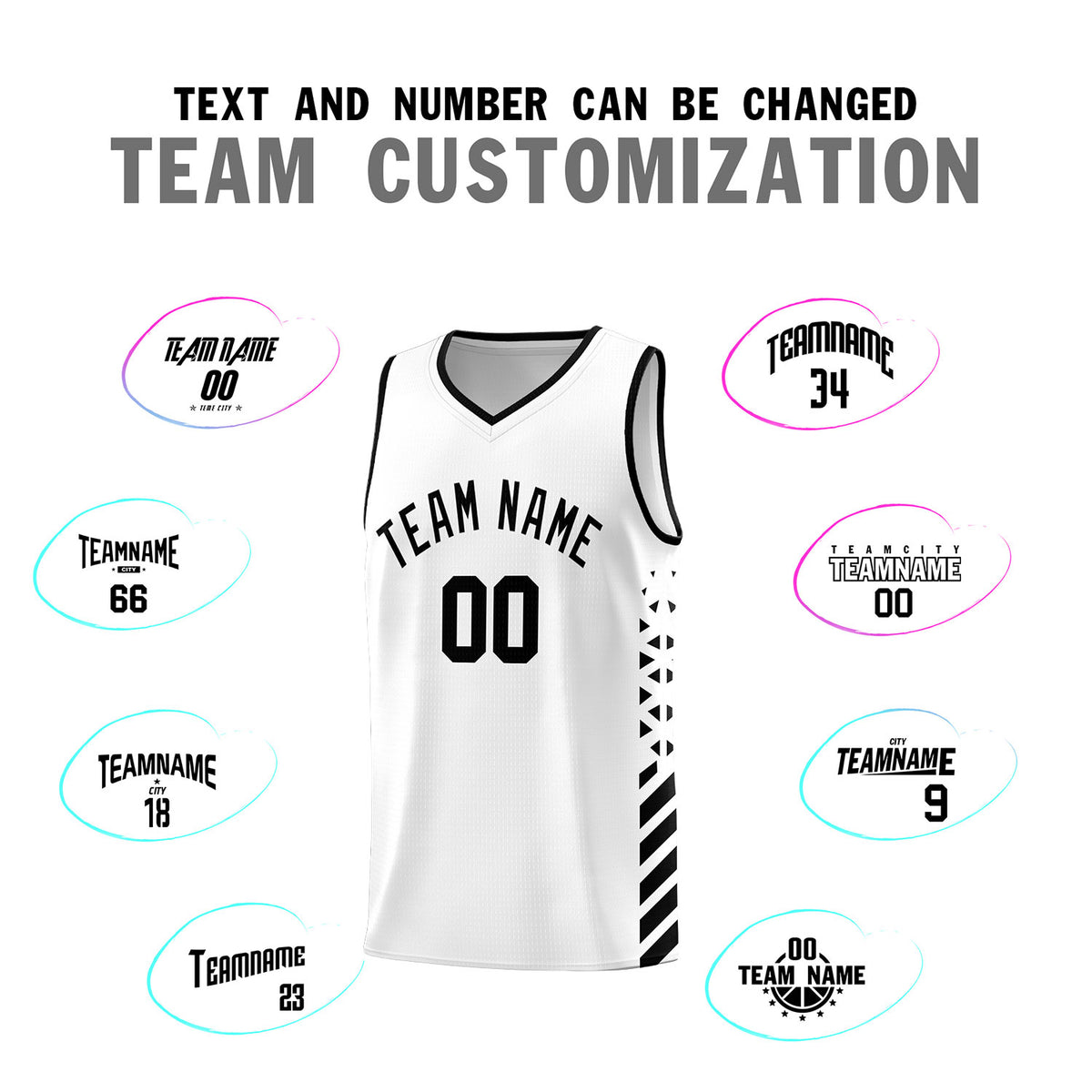 Custom White Basketball Kits With Side Black Diamond Stripe Pattern