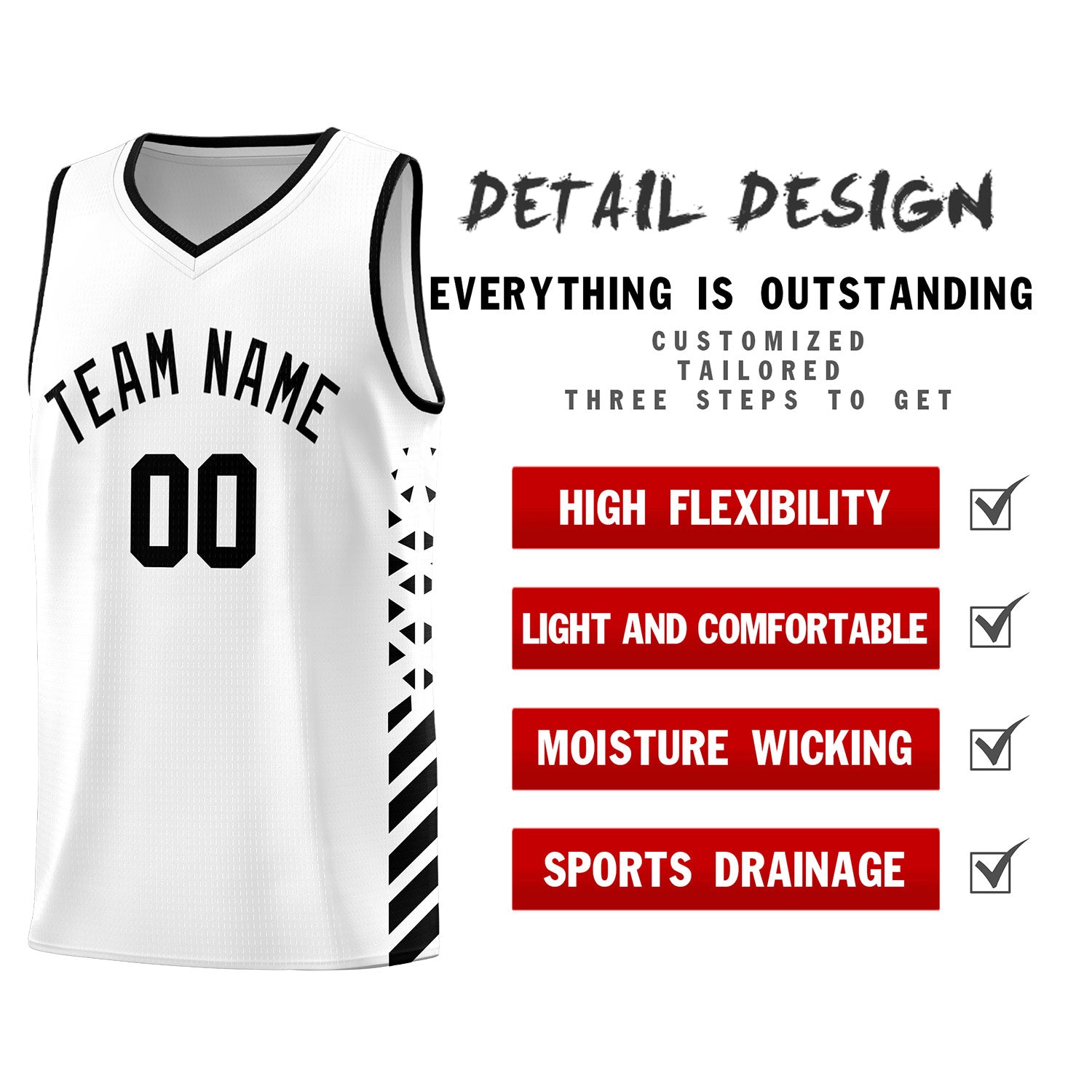 Custom White Basketball Kits With Side Black Diamond Stripe Pattern