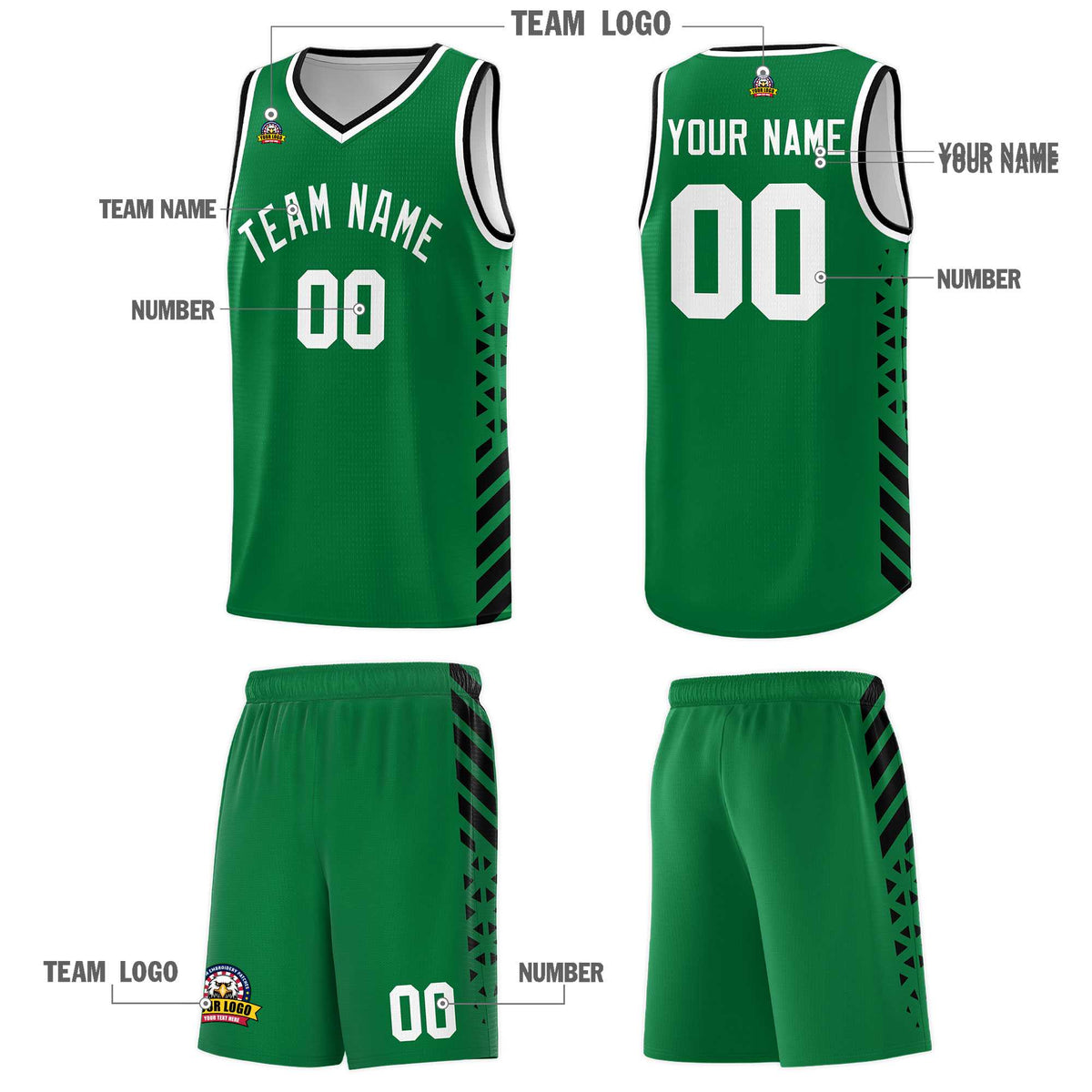 Custom Kelly Green Basketball Kits With Side Black Diamond Stripe Pattern