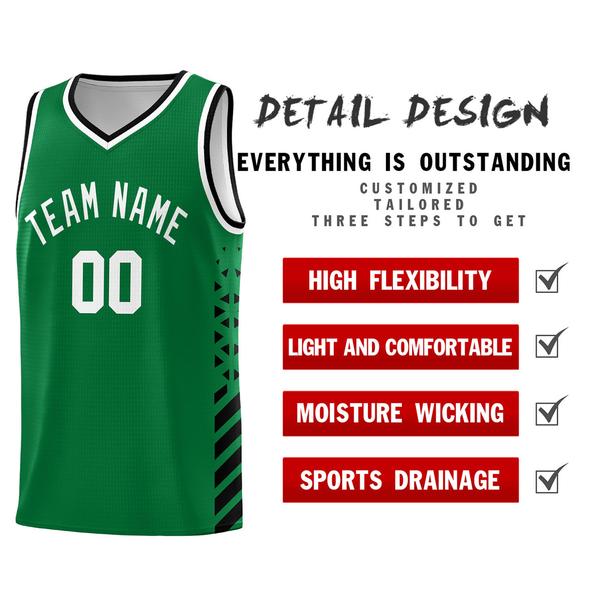Custom Kelly Green Basketball Kits With Side Black Diamond Stripe Pattern